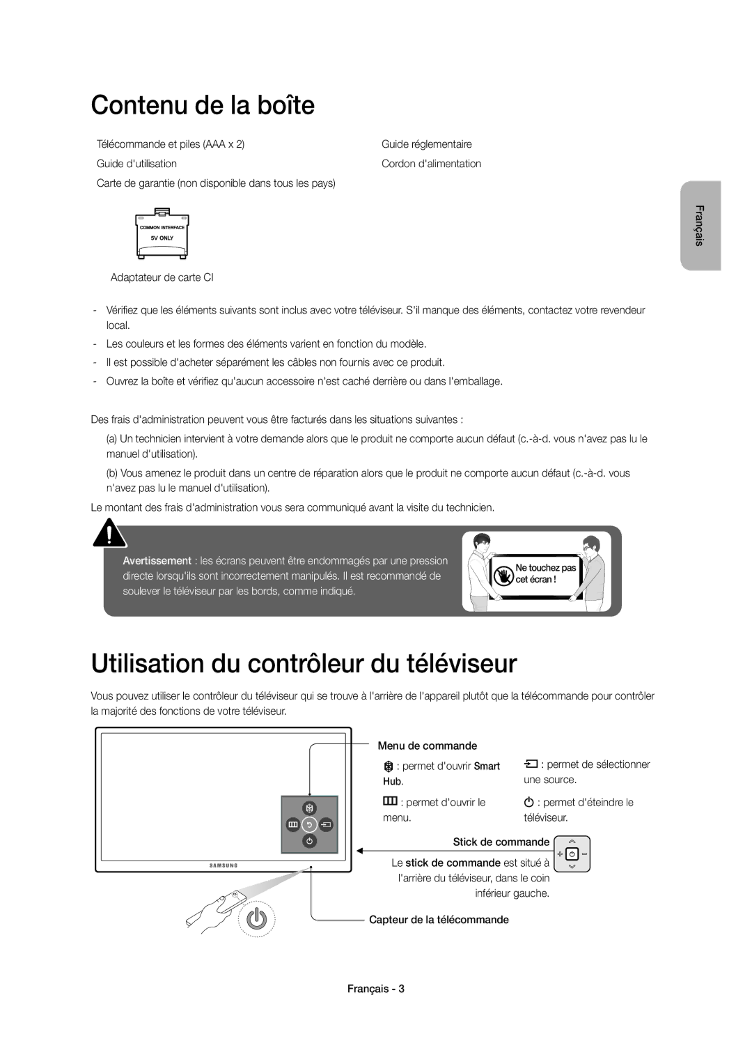 Samsung UE48JU6000KXZF, UE40JU6000KXZF manual Contenu de la boîte, Utilisation du contrôleur du téléviseur, Une source 