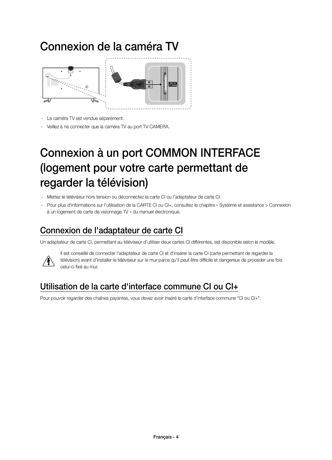 Samsung UE60JU6000KXZF, UE40JU6000KXZF, UE48JU6000KXZF manual Connexion de la caméra TV, Connexion de ladaptateur de carte CI 