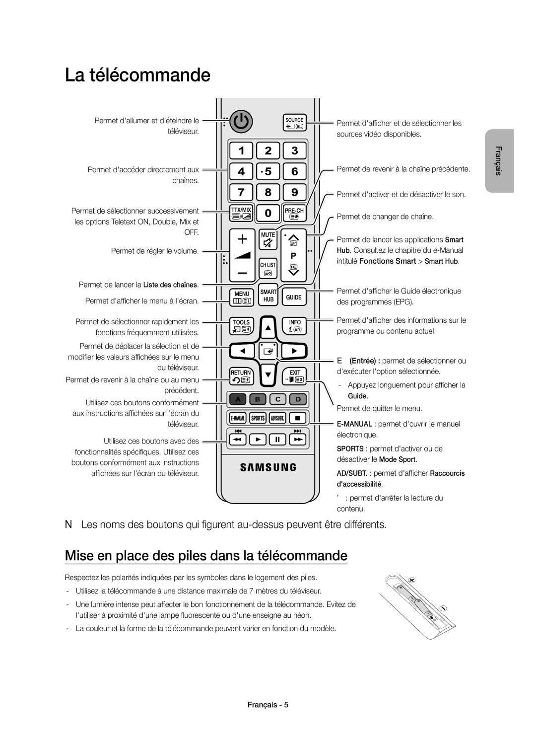 Samsung UE55JU6000KXZF, UE40JU6000KXZF, UE48JU6000KXZF manual La télécommande, Mise en place des piles dans la télécommande 