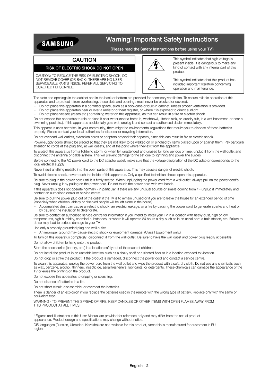 Samsung UE60JU6000KXZF, UE40JU6000KXZF, UE48JU6000KXZF, UE55JU6000KXZF manual Risk of Electric Shock do not Open, English 