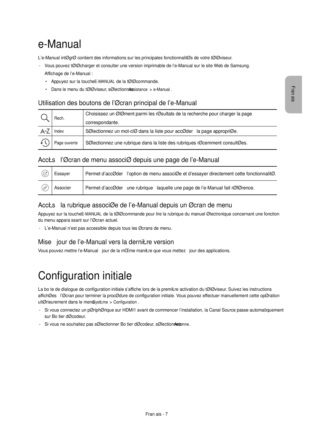 Samsung UE48JU6000KXZF manual Configuration initiale, Utilisation des boutons de lécran principal de le-Manual 