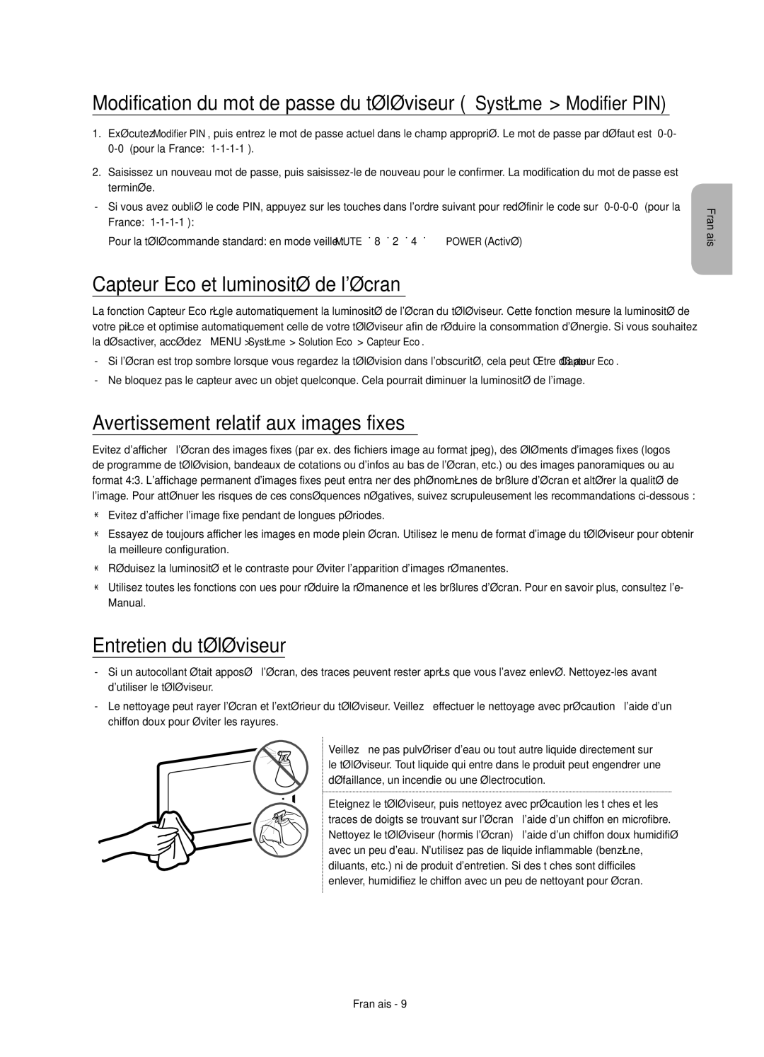 Samsung UE55JU6000KXZF, UE40JU6000KXZF manual Capteur Eco et luminosité de lécran, Avertissement relatif aux images fixes 