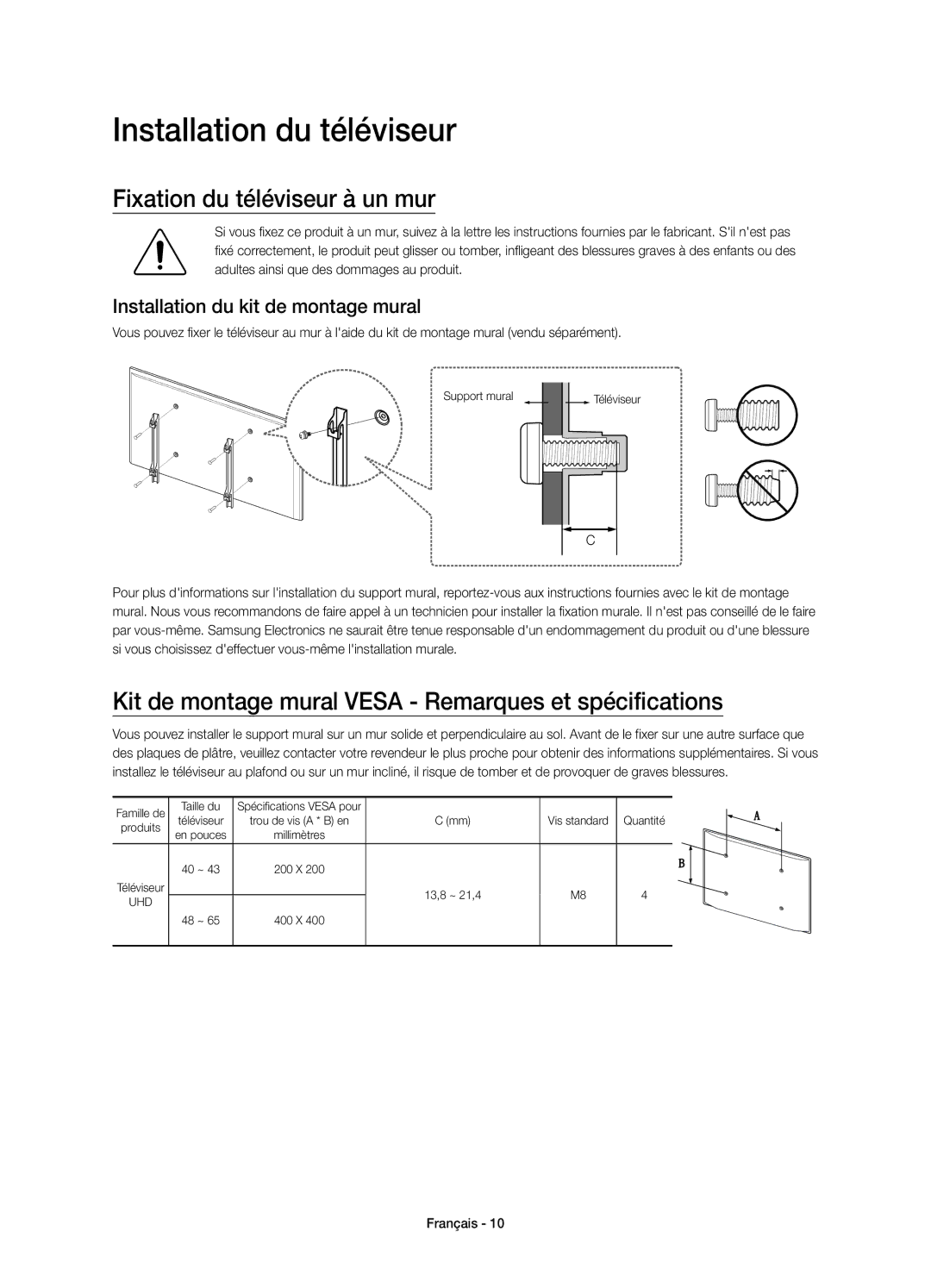 Samsung UE40JU6000KXZF Installation du téléviseur, Fixation du téléviseur à un mur, Installation du kit de montage mural 