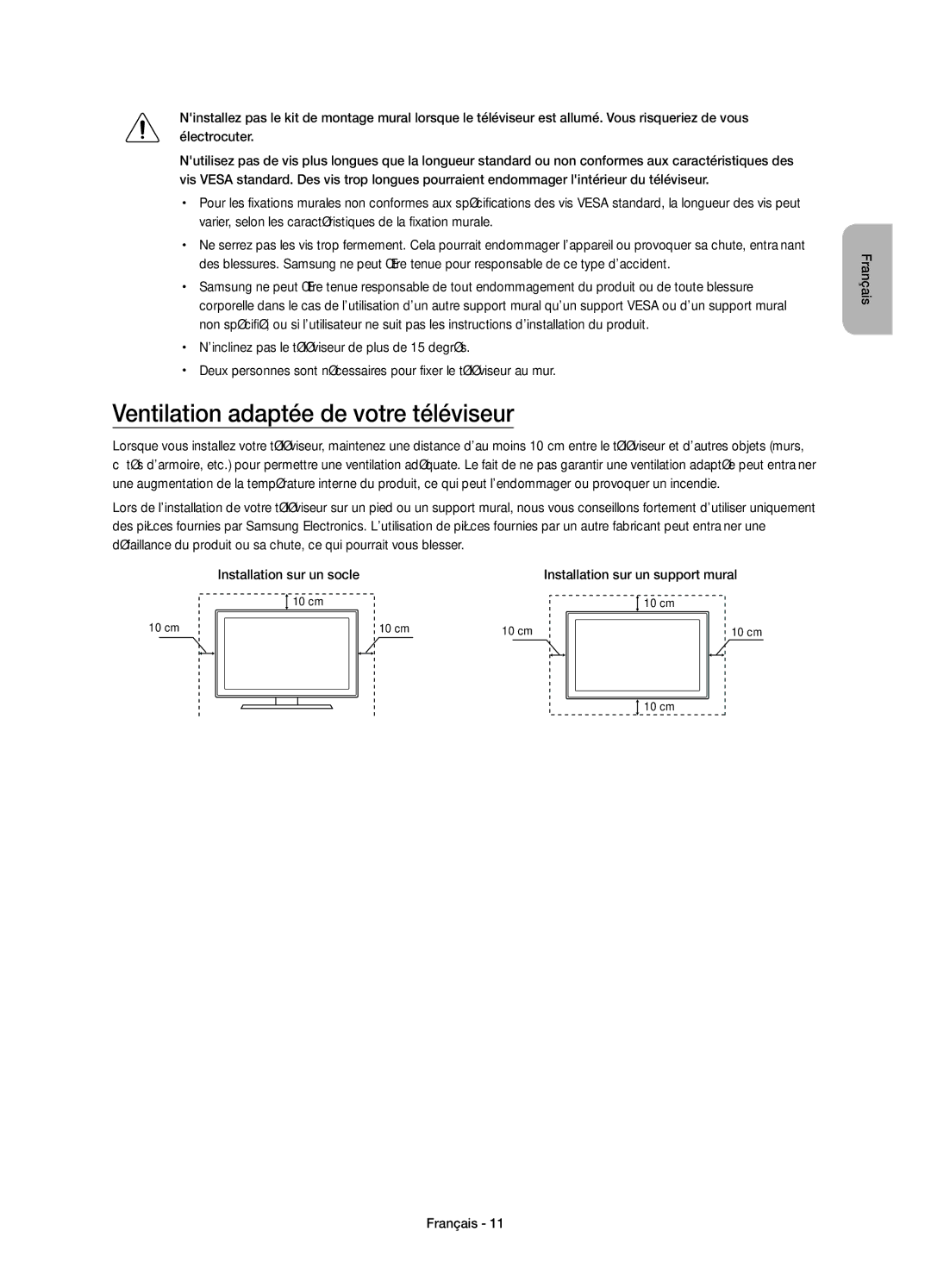 Samsung UE48JU6000KXZF, UE40JU6000KXZF, UE60JU6000KXZF, UE55JU6000KXZF manual Ventilation adaptée de votre téléviseur 