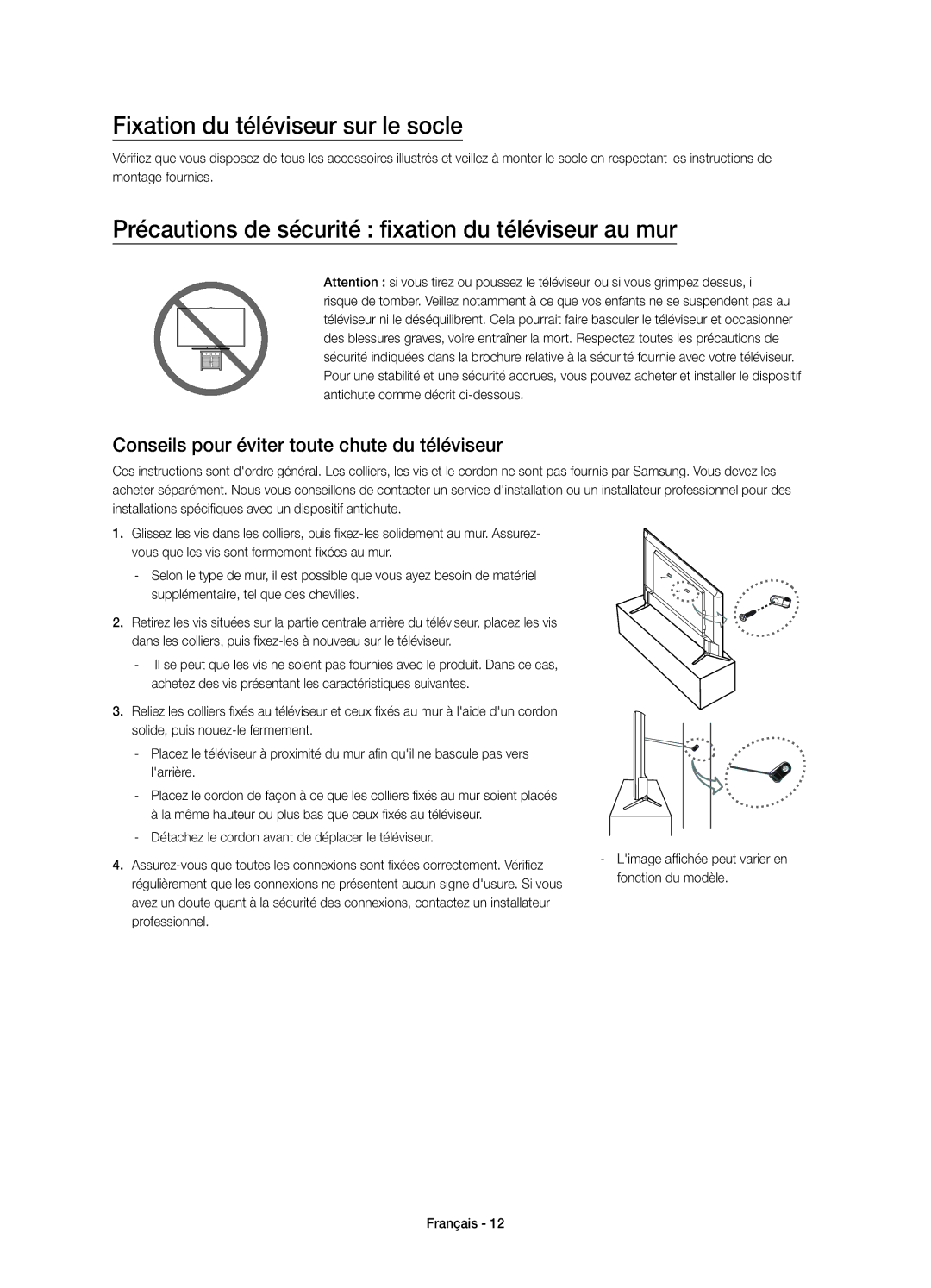 Samsung UE60JU6000KXZF manual Fixation du téléviseur sur le socle, Précautions de sécurité fixation du téléviseur au mur 