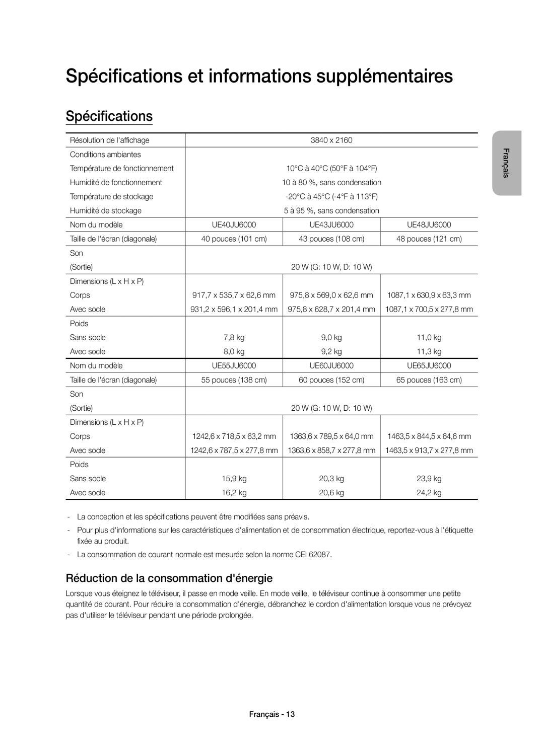 Samsung UE55JU6000KXZF manual Spécifications et informations supplémentaires, Réduction de la consommation dénergie 