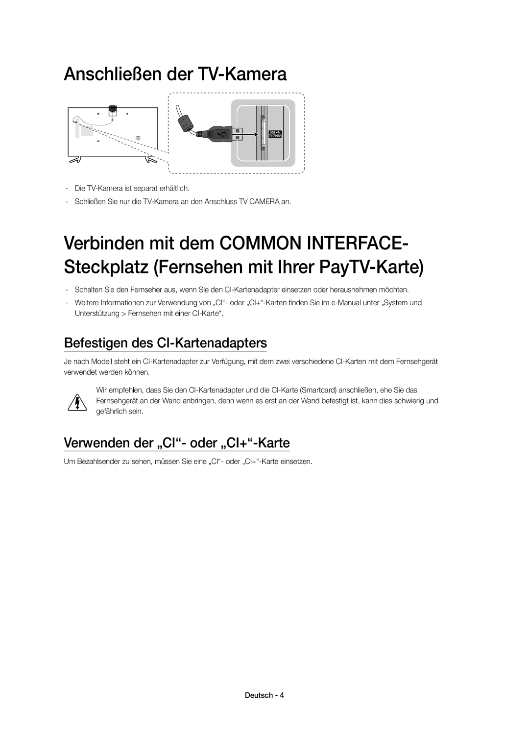 Samsung UE40JU6000KXZF Anschließen der TV-Kamera, Befestigen des CI-Kartenadapters, Verwenden der „CI- oder „CI+-Karte 