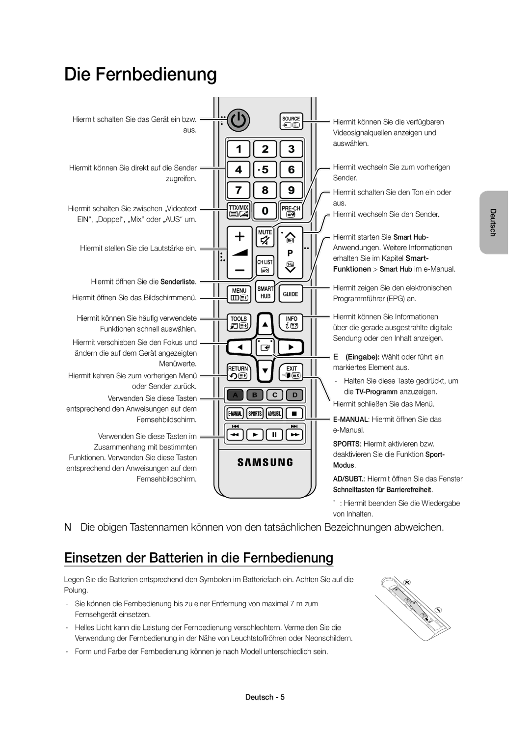 Samsung UE48JU6000KXZF, UE40JU6000KXZF, UE60JU6000KXZF manual Die Fernbedienung, Einsetzen der Batterien in die Fernbedienung 