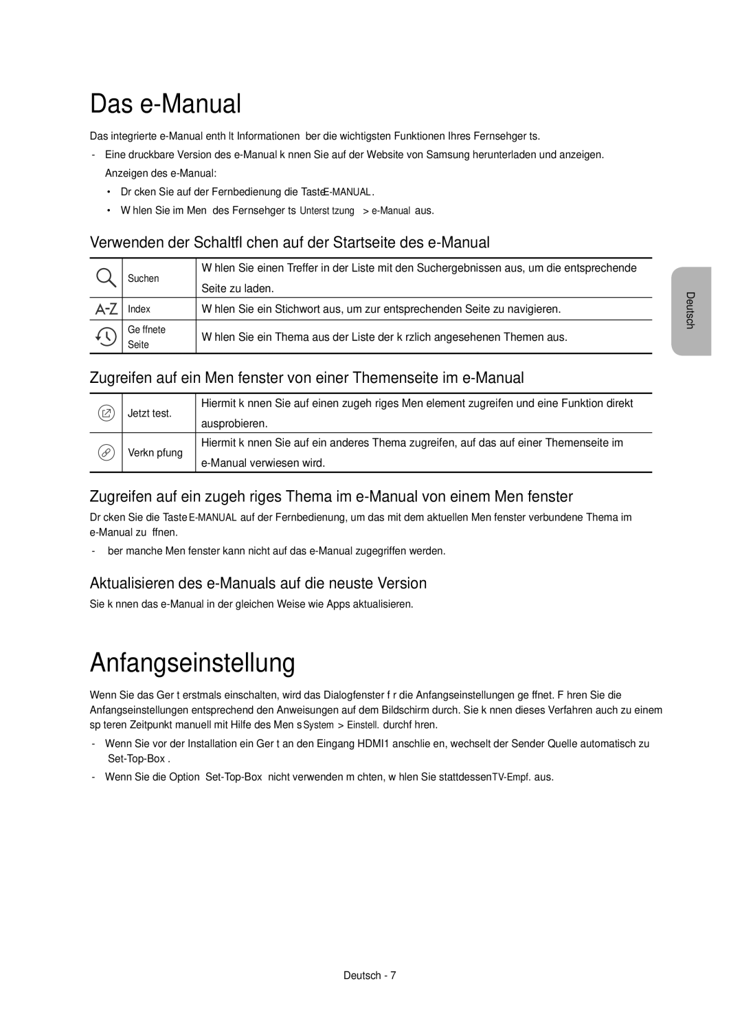 Samsung UE55JU6000KXZF manual Das e-Manual, Anfangseinstellung, Verwenden der Schaltflächen auf der Startseite des e-Manual 