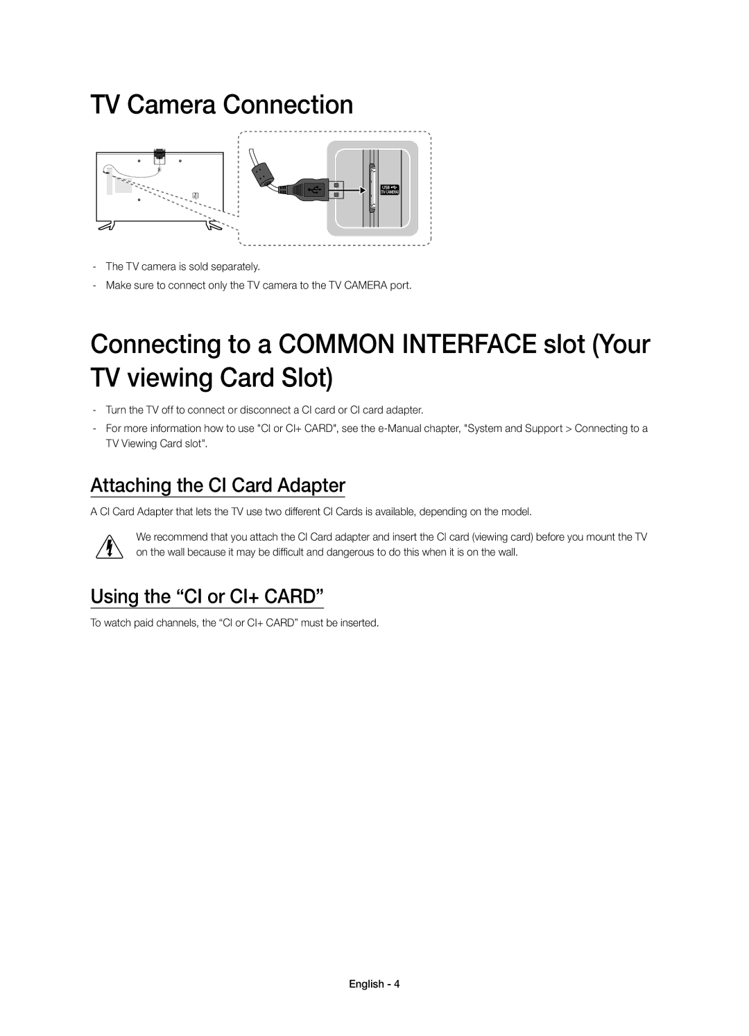 Samsung UE40JU6000KXZF, UE48JU6000KXZF manual TV Camera Connection, Attaching the CI Card Adapter, Using the CI or CI+ Card 