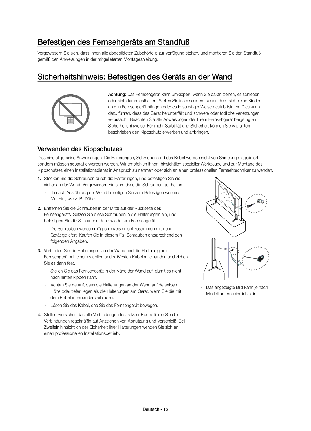 Samsung UE40JU6000KXZF Befestigen des Fernsehgeräts am Standfuß, Sicherheitshinweis Befestigen des Geräts an der Wand 