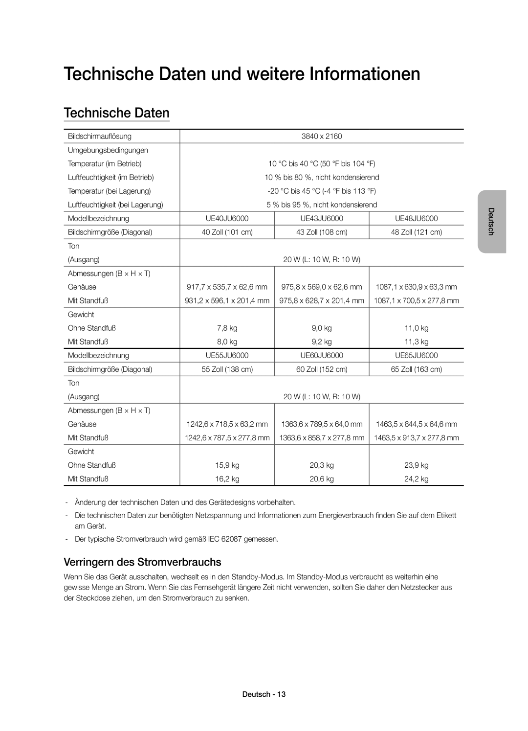 Samsung UE48JU6000KXZF, UE40JU6000KXZF manual Technische Daten und weitere Informationen, Verringern des Stromverbrauchs 