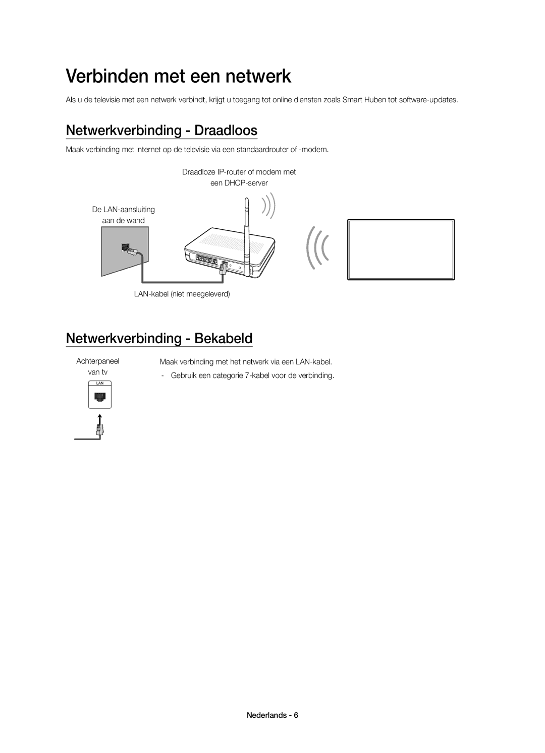 Samsung UE40JU6000KXZF, UE48JU6000KXZF Verbinden met een netwerk, Netwerkverbinding Draadloos, Netwerkverbinding Bekabeld 