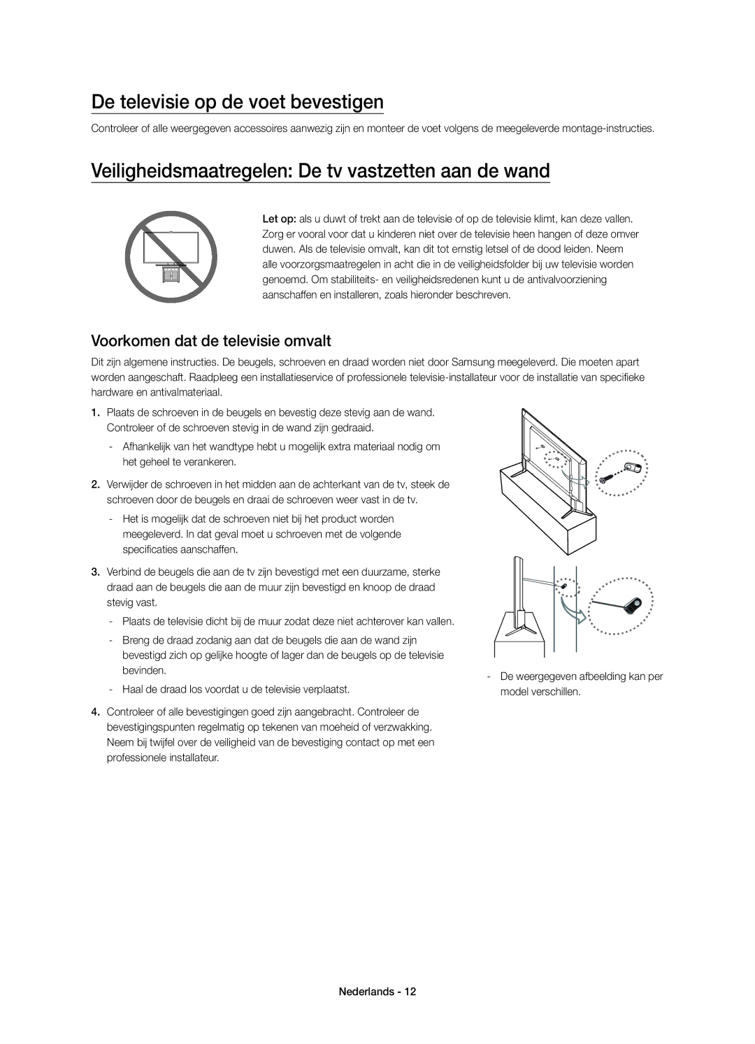 Samsung UE60JU6000KXZF manual De televisie op de voet bevestigen, Veiligheidsmaatregelen De tv vastzetten aan de wand 