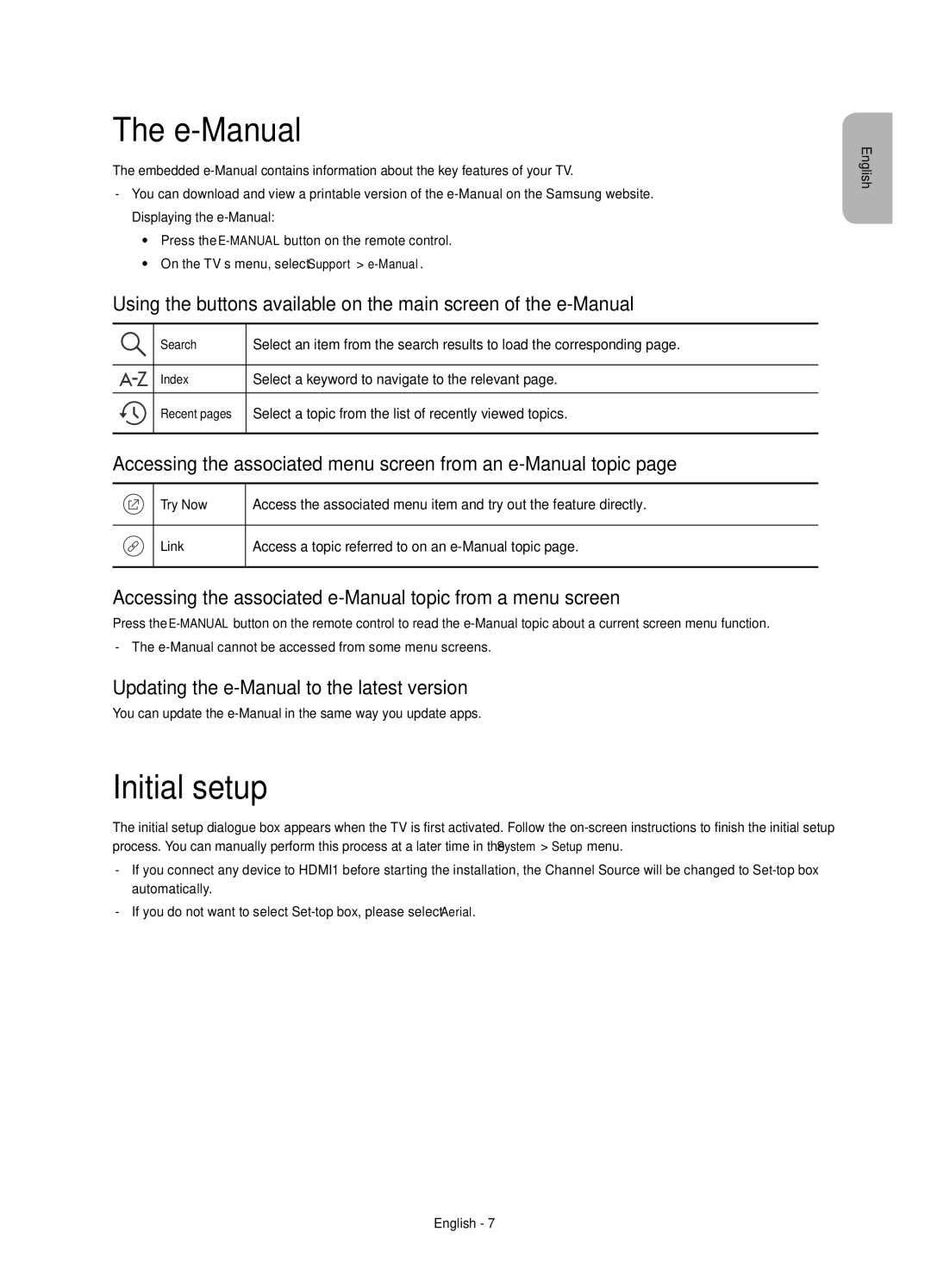 Samsung UE55JU6000KXZF manual E-Manual, Initial setup, Accessing the associated menu screen from an e-Manual topic 