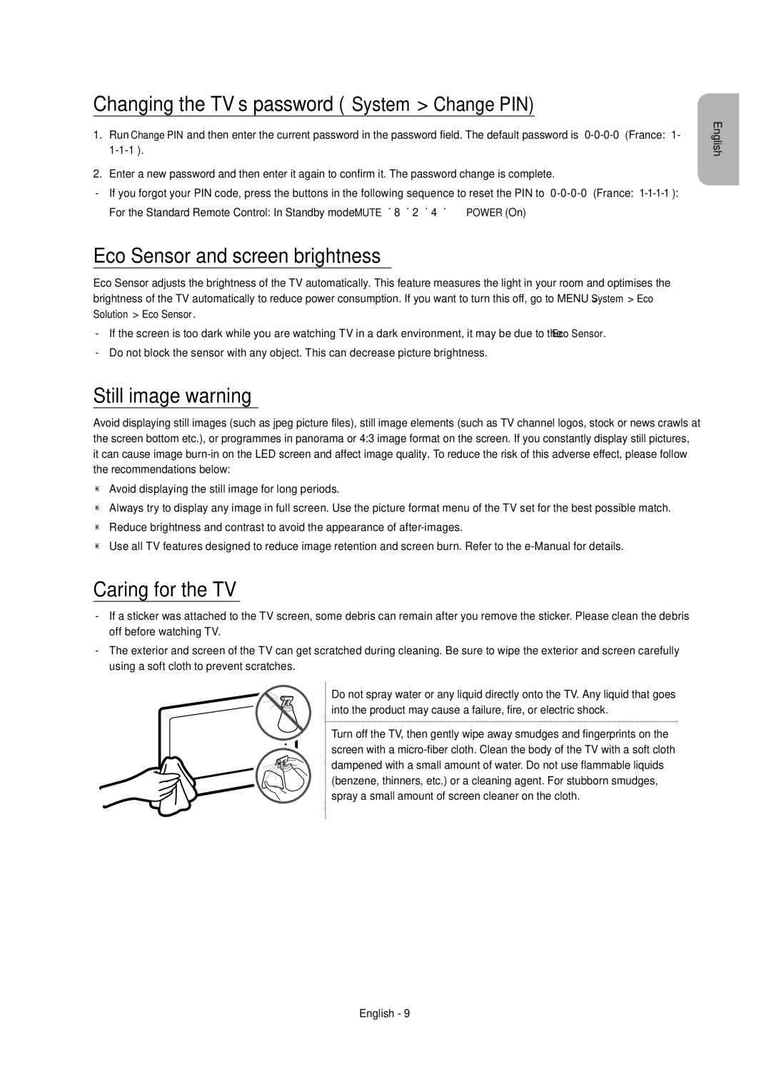 Samsung UE48JU6000KXZF Changing the TV’s password System Change PIN, Eco Sensor and screen brightness, Still image warning 