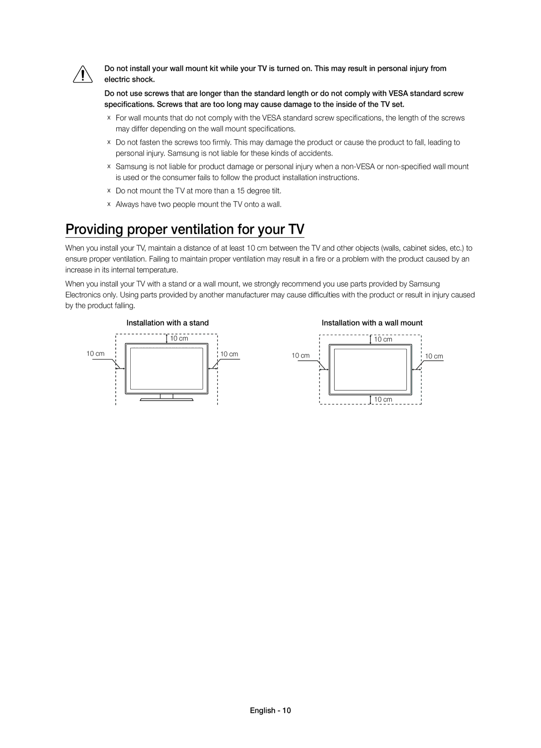 Samsung UE48JU6072UXXH, UE40JU6000WXXH manual Providing proper ventilation for your TV, Installation with a wall mount 