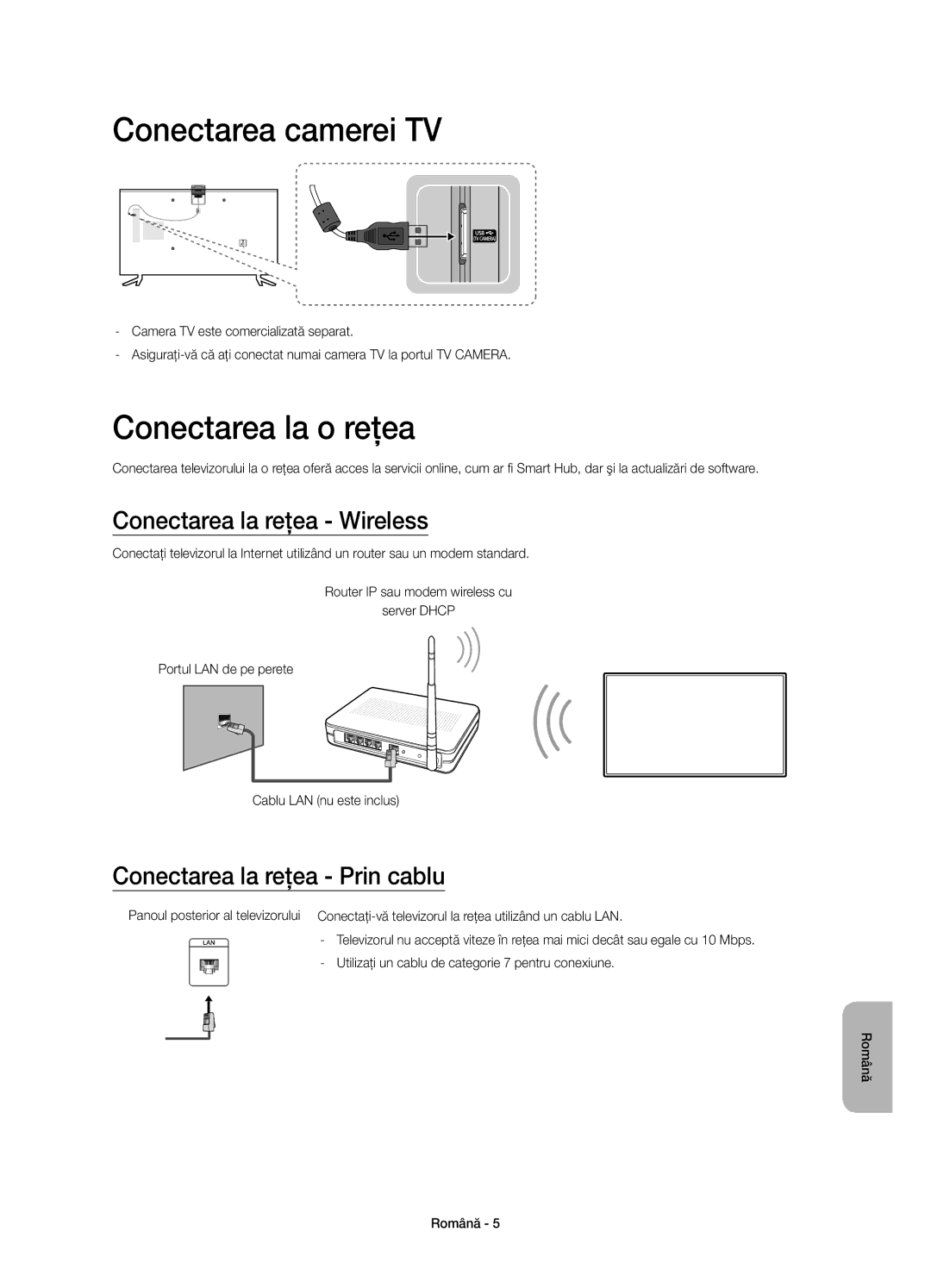 Samsung UE48JU6072UXXH, UE40JU6000WXXH manual Conectarea camerei TV, Conectarea la o reţea, Conectarea la reţea Wireless 