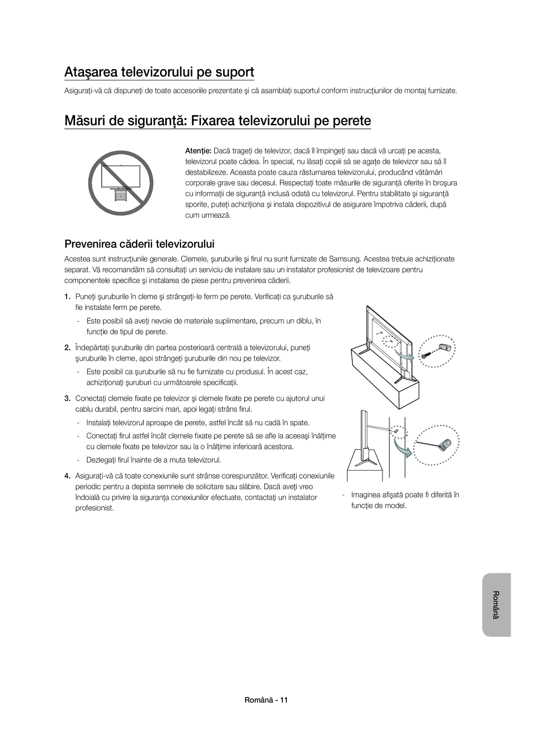 Samsung UE65JU6000WXXH Ataşarea televizorului pe suport, Măsuri de siguranţă Fixarea televizorului pe perete, Profesionist 