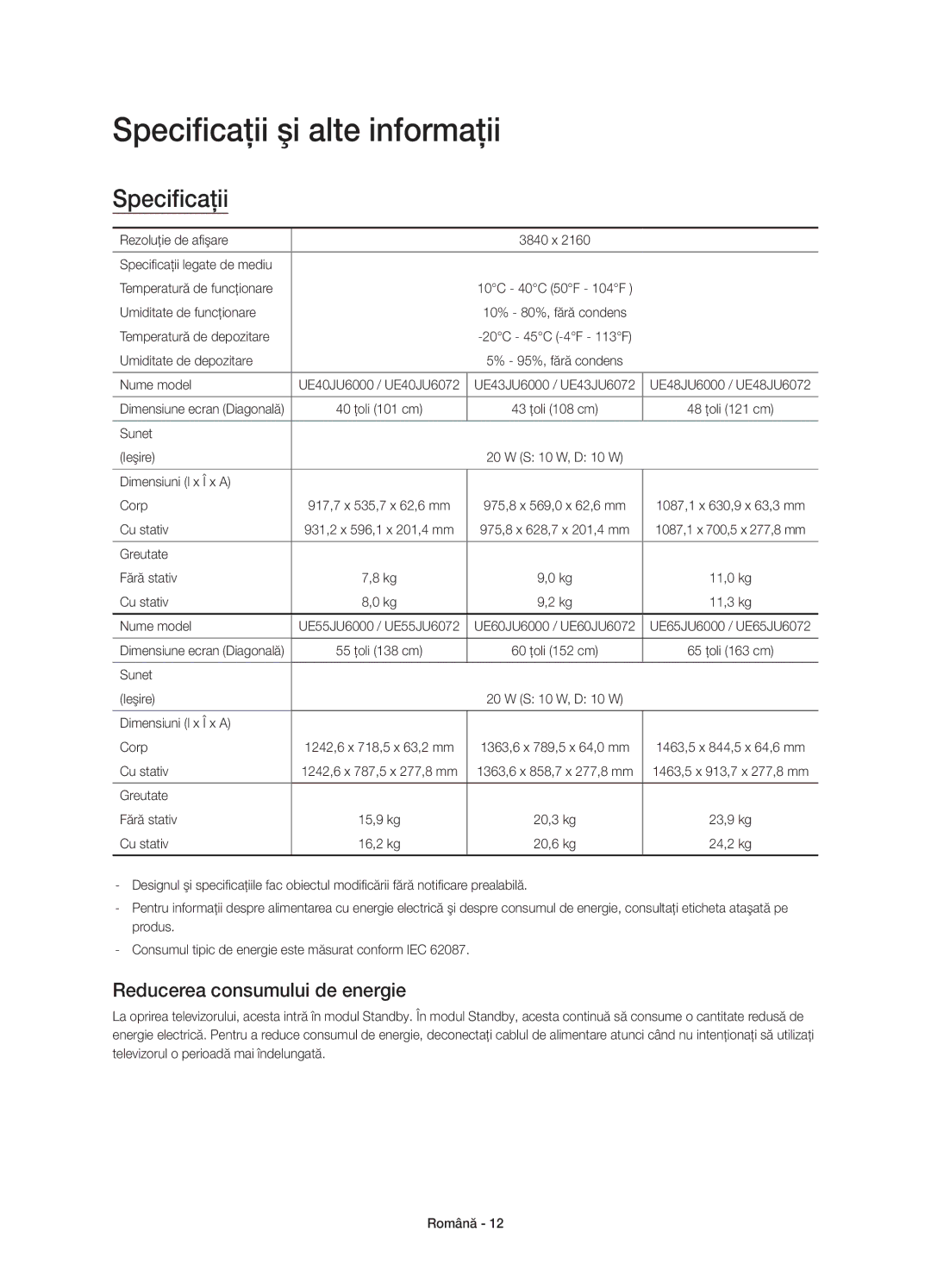 Samsung UE48JU6000WXXN, UE40JU6000WXXH, UE55JU6000WXXH Specificaţii şi alte informaţii, Reducerea consumului de energie 