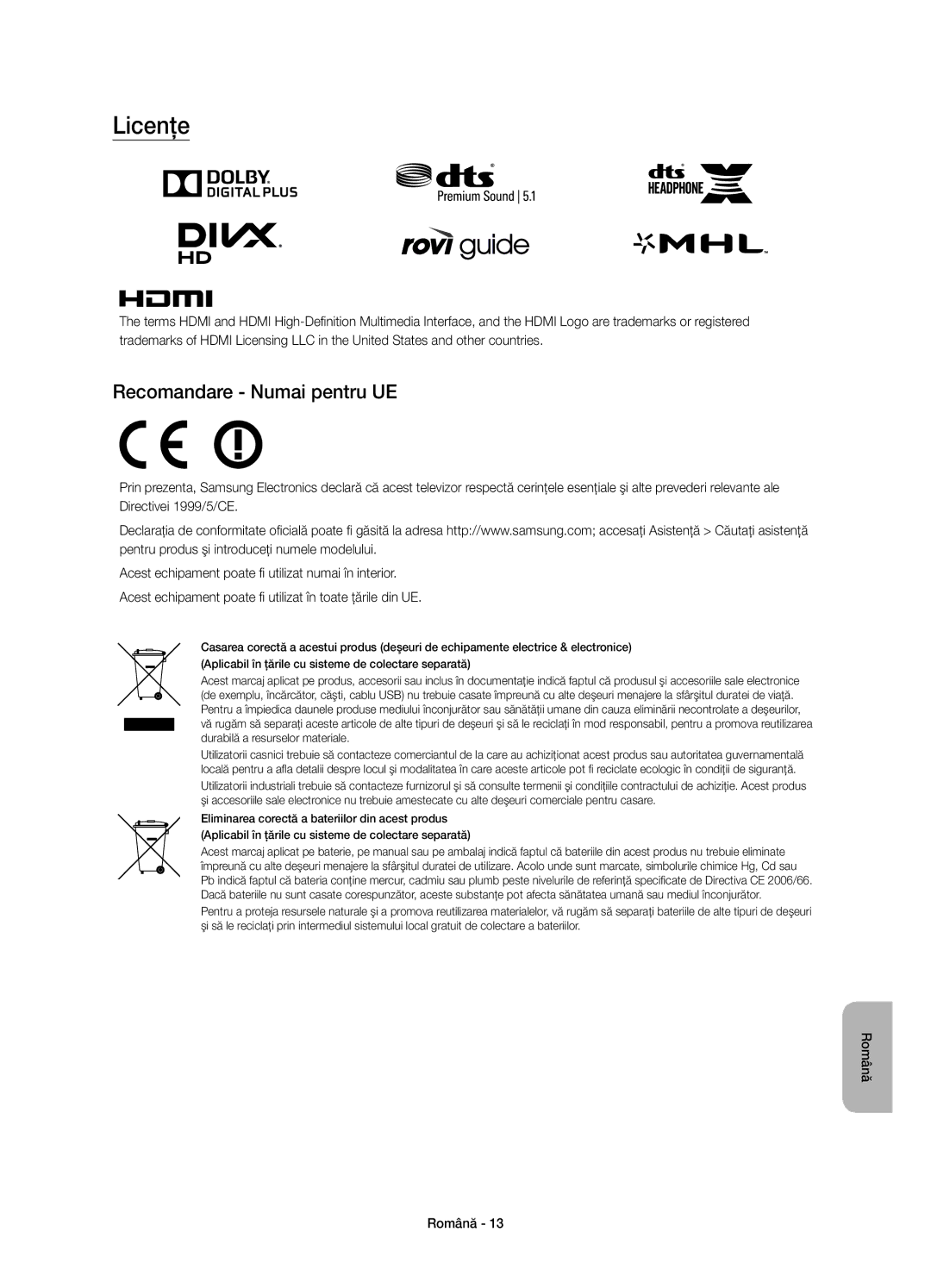 Samsung UE65JU6072UXXH, UE40JU6000WXXH, UE55JU6000WXXH, UE48JU6000WXXH, UE65JU6000WXXH Licenţe, Recomandare Numai pentru UE 