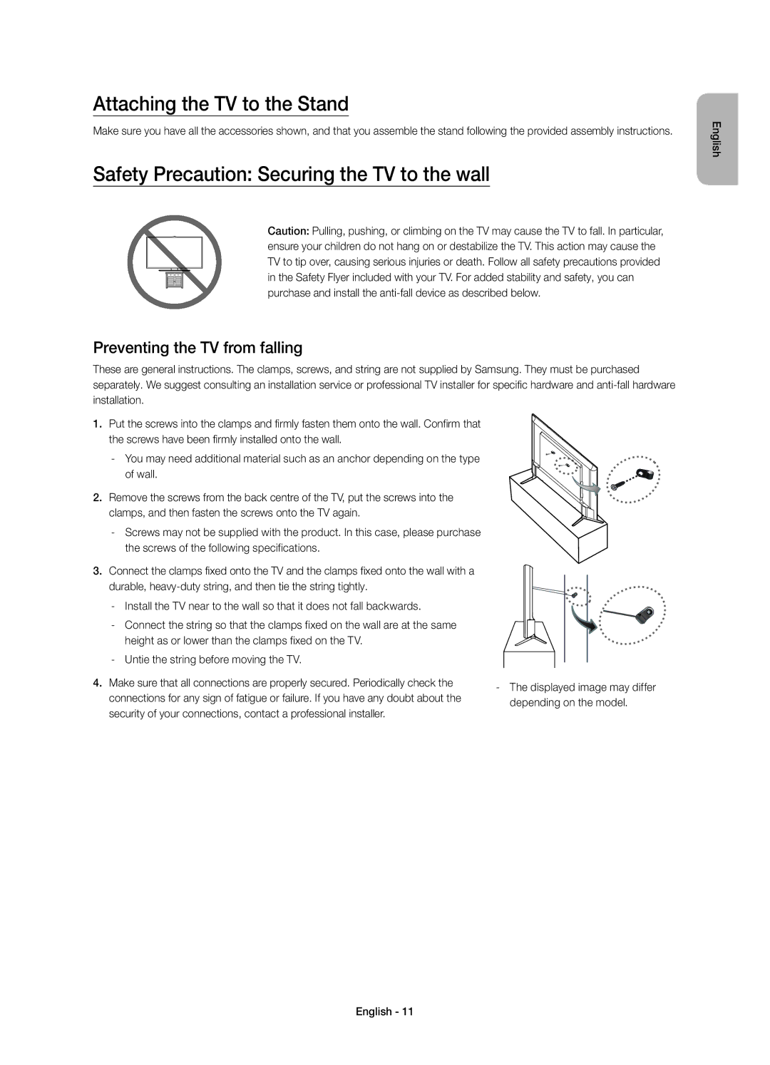 Samsung UE65JU6000WXXN, UE40JU6000WXXH manual Attaching the TV to the Stand, Safety Precaution Securing the TV to the wall 