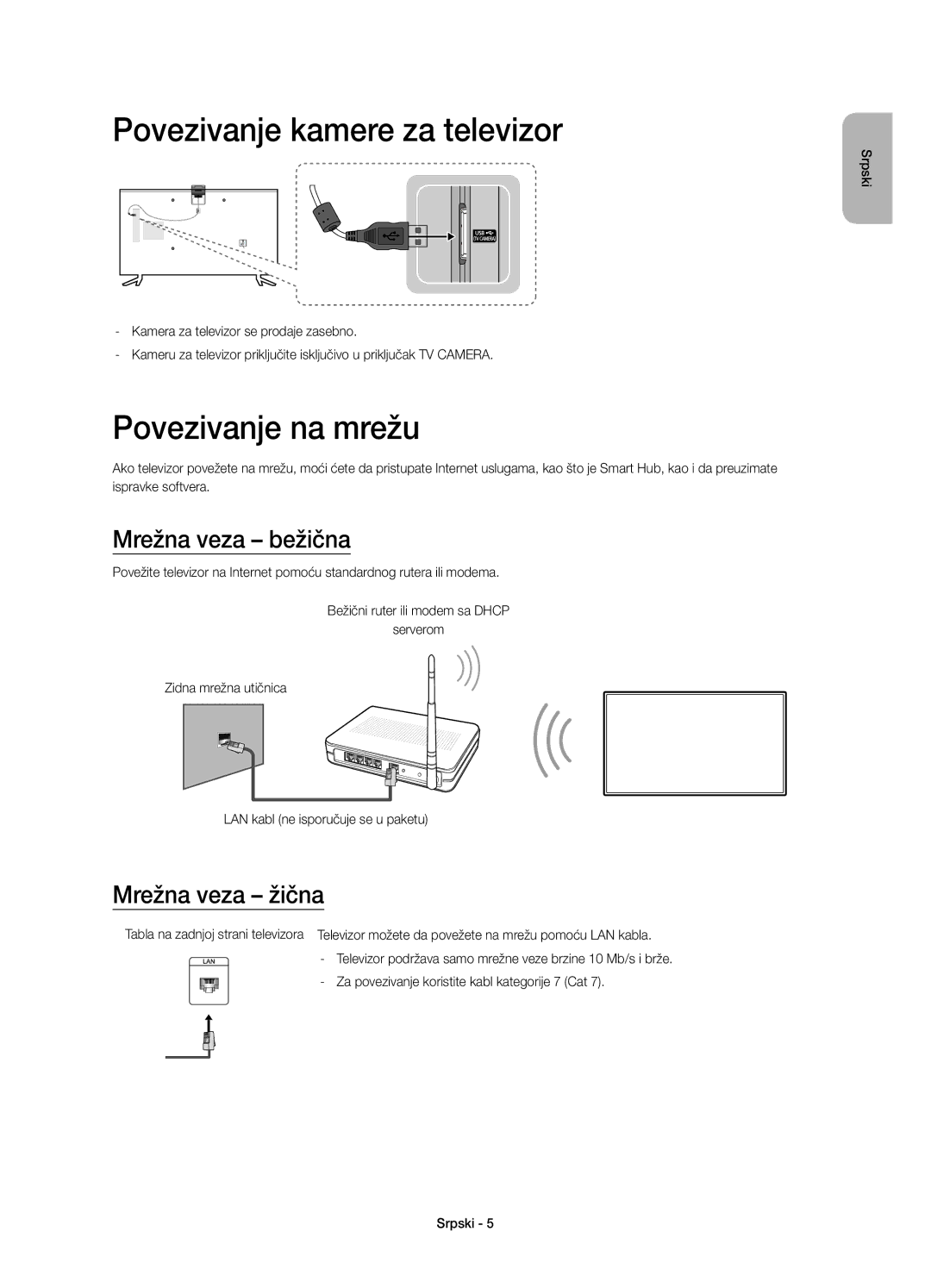 Samsung UE55JU6000WXXN manual Povezivanje kamere za televizor, Povezivanje na mrežu, Mrežna veza bežična, Mrežna veza žična 