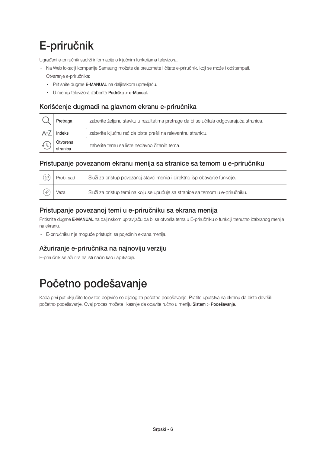 Samsung UE48JU6072UXXH, UE40JU6000WXXH Priručnik, Početno podešavanje, Korišćenje dugmadi na glavnom ekranu e-priručnika 