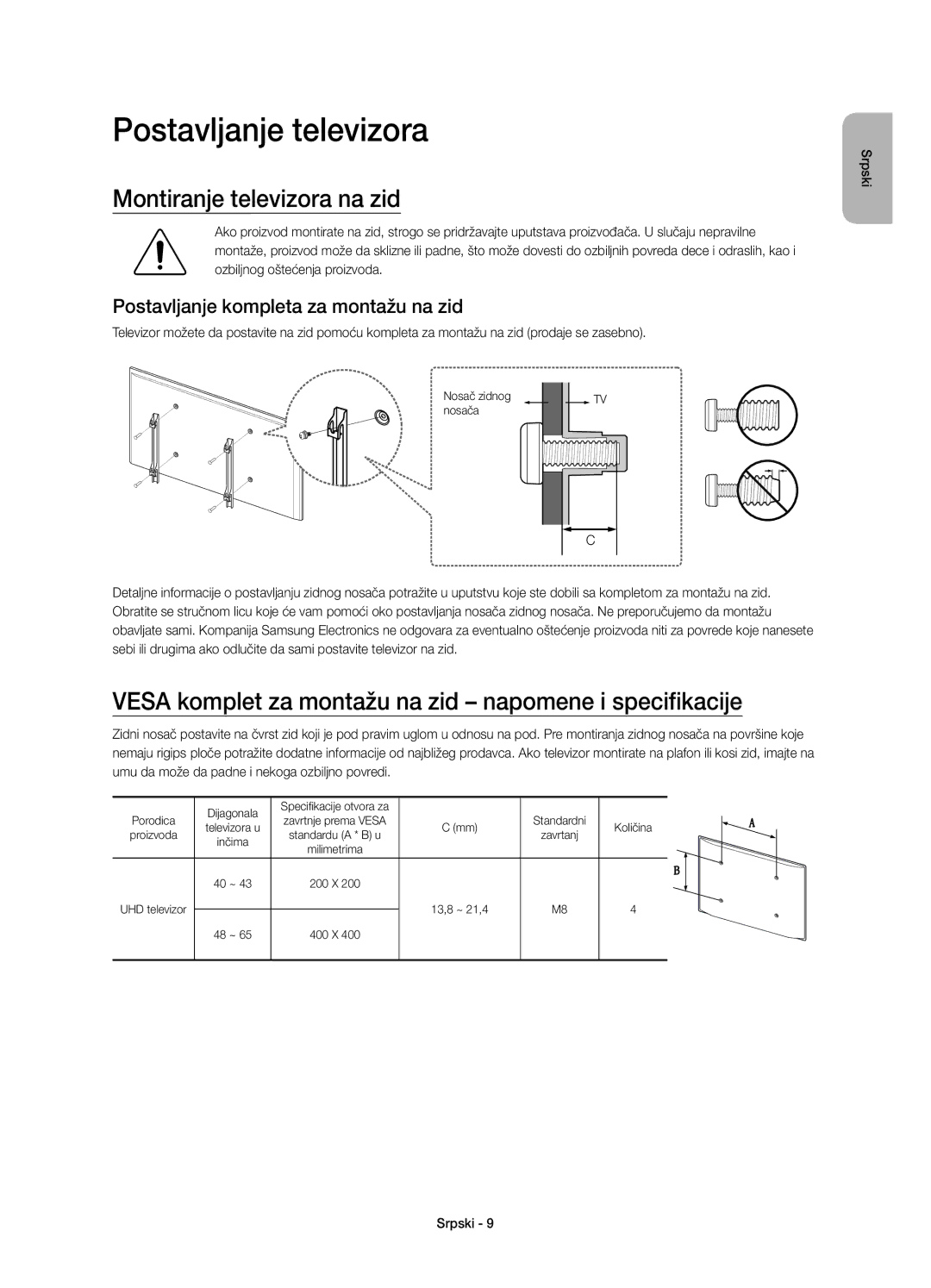 Samsung UE40JU6000WXXH manual Montiranje televizora na zid, Vesa komplet za montažu na zid napomene i specifikacije 