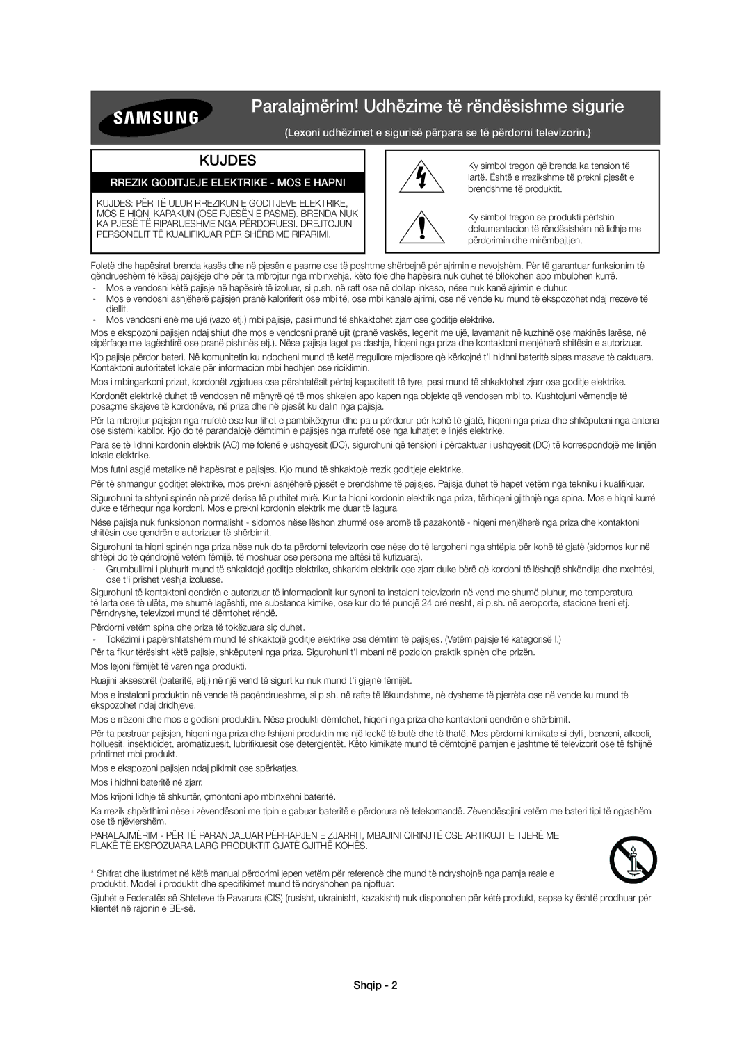 Samsung UE65JU6072UXXH manual Paralajmërim! Udhëzime të rëndësishme sigurie, Rrezik Goditjeje Elektrike MOS E Hapni, Shqip 