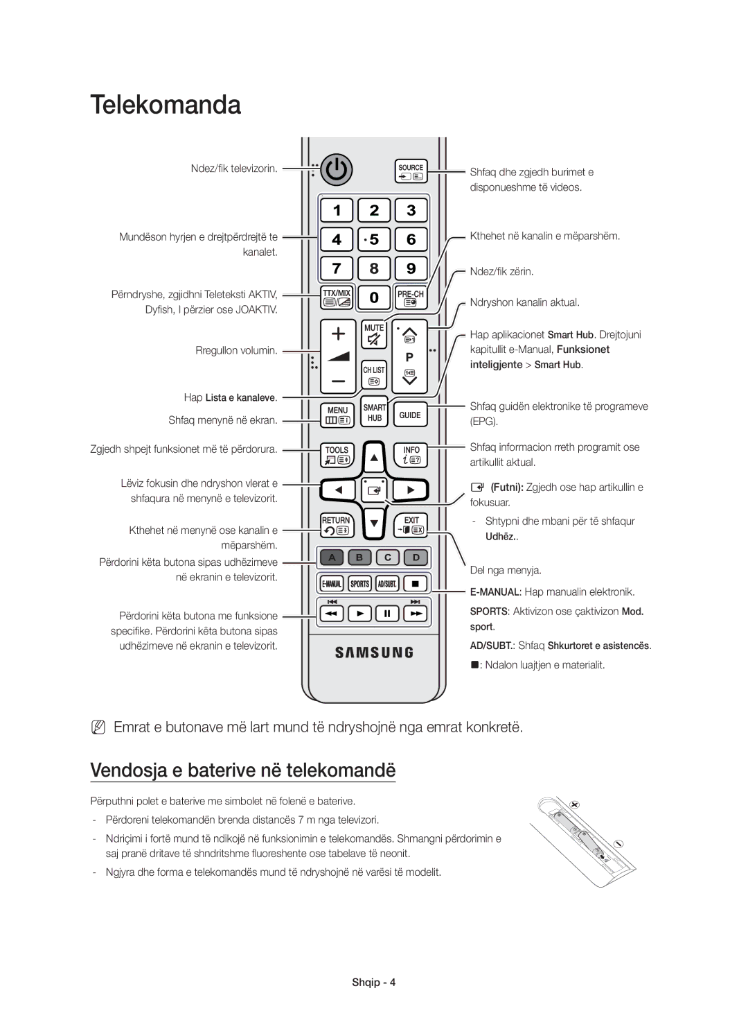 Samsung UE40JU6072UXXH, UE40JU6000WXXH, UE55JU6000WXXH, UE48JU6000WXXH manual Telekomanda, Vendosja e baterive në telekomandë 