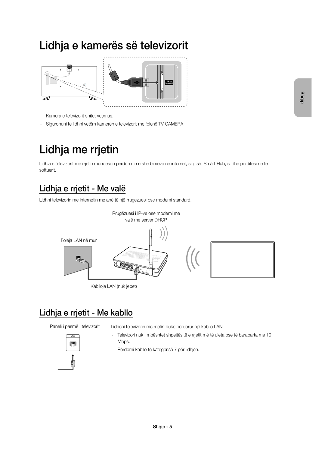 Samsung UE60JU6000WXXH, UE40JU6000WXXH manual Lidhja e kamerës së televizorit, Lidhja me rrjetin, Lidhja e rrjetit Me valë 