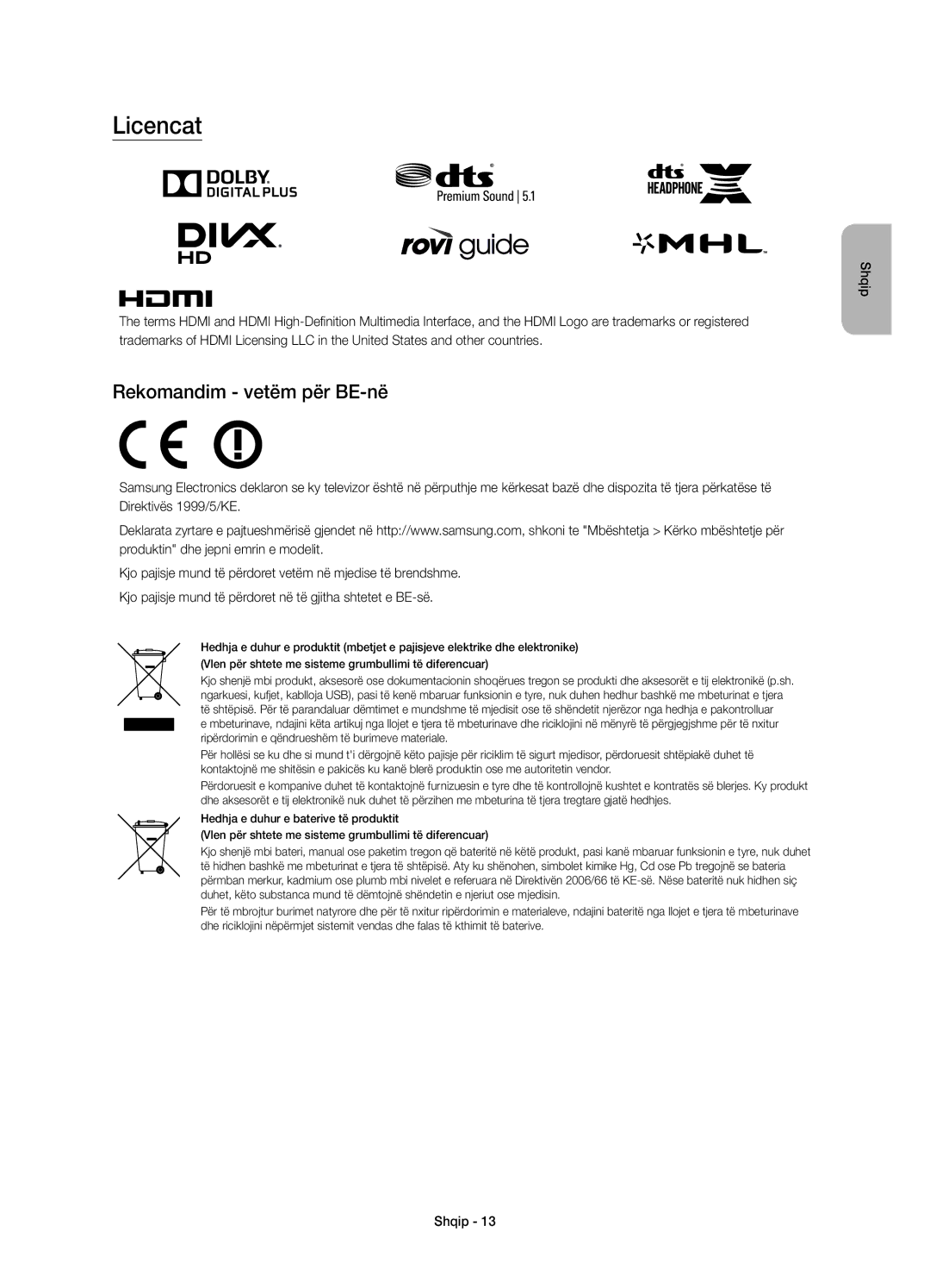 Samsung UE65JU6000WXXH, UE40JU6000WXXH, UE55JU6000WXXH, UE48JU6000WXXH, UE48JU6000WXXN Licencat, Rekomandim vetëm për BE-në 