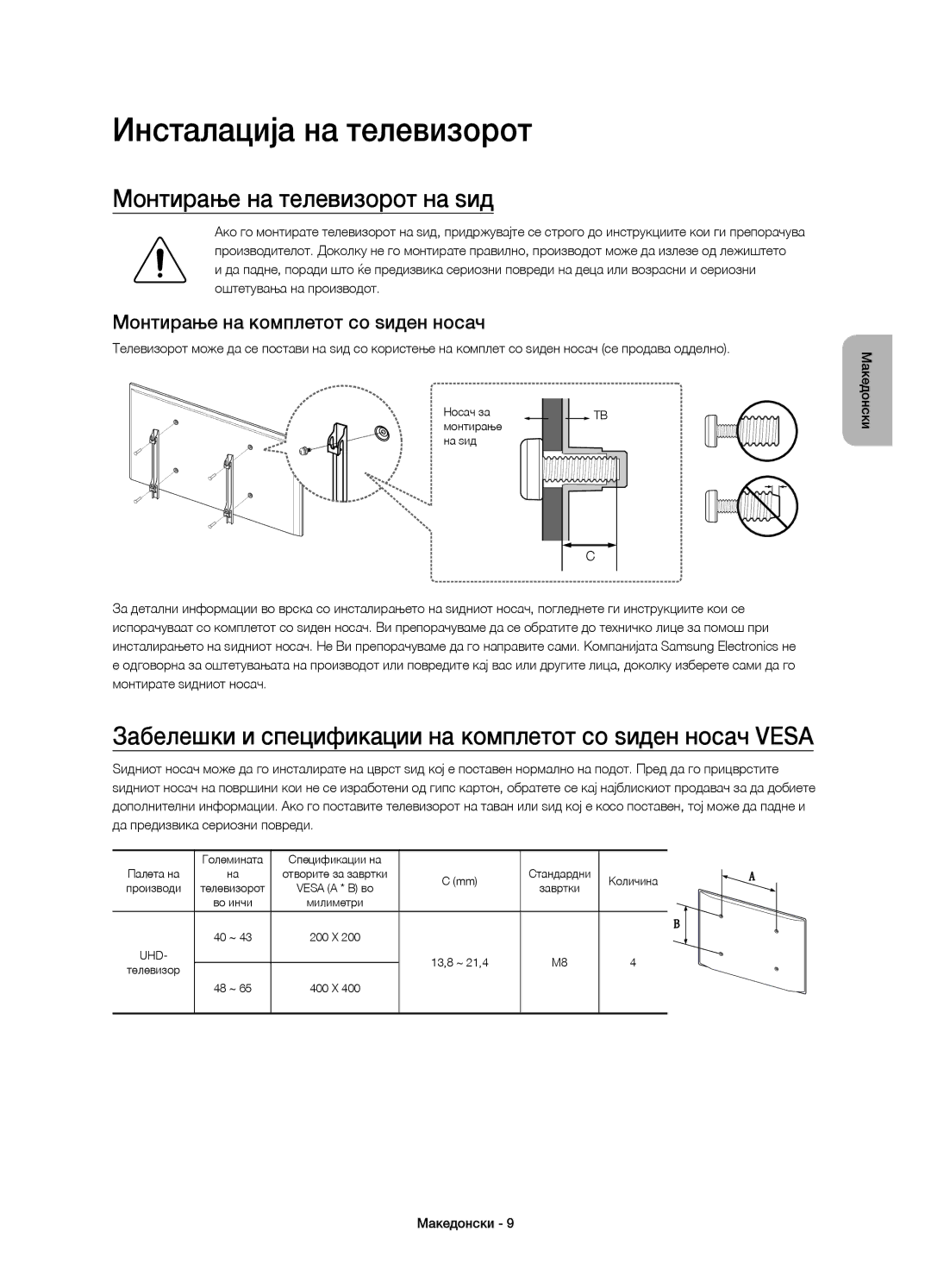 Samsung UE65JU6000WXXN Инсталација на телевизорот, Монтирање на телевизорот на ѕид, Монтирање на комплетот со ѕиден носач 