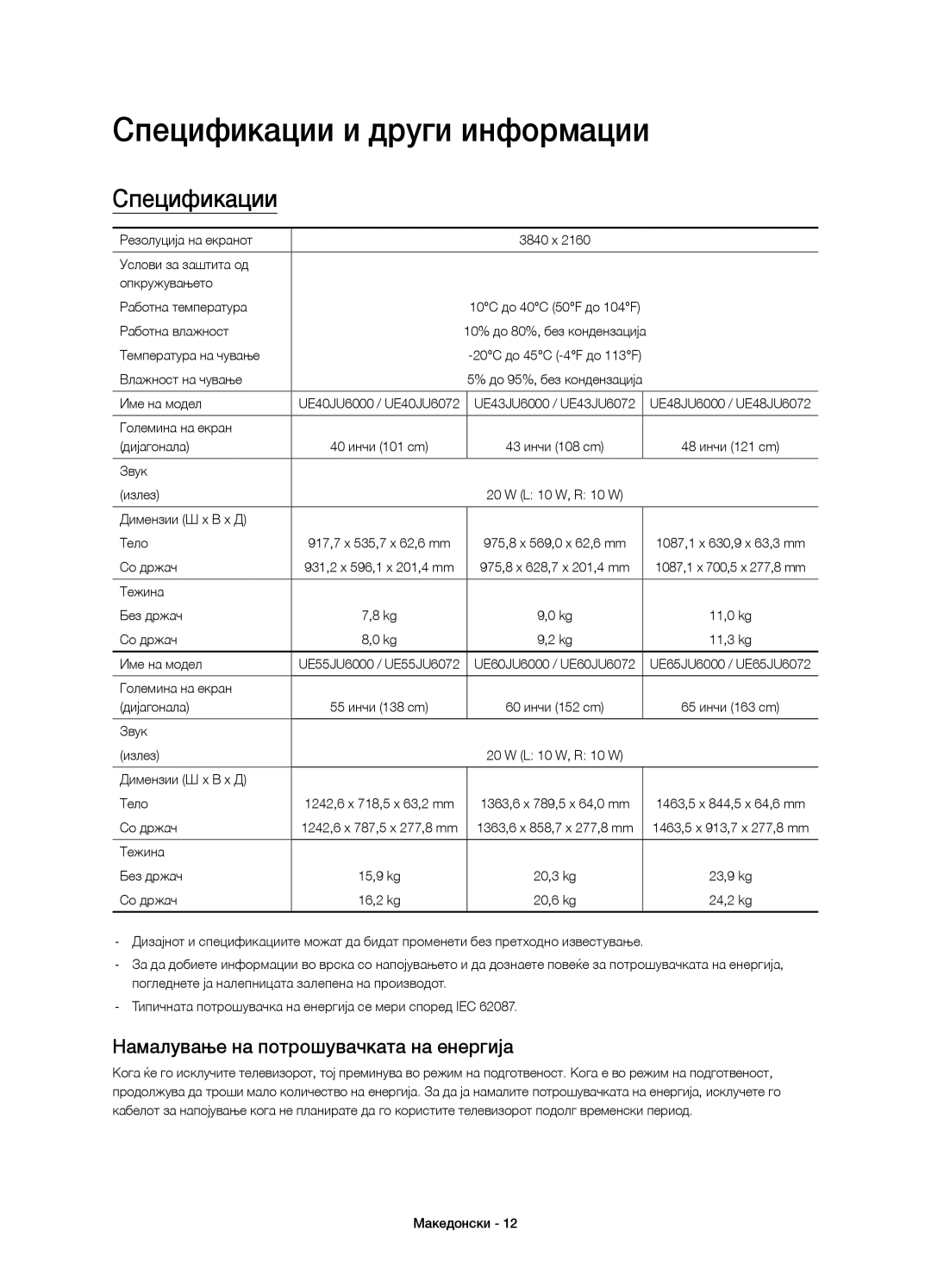 Samsung UE55JU6000WXXH, UE40JU6000WXXH manual Спецификации и други информации, Намалување на потрошувачката на енергија 