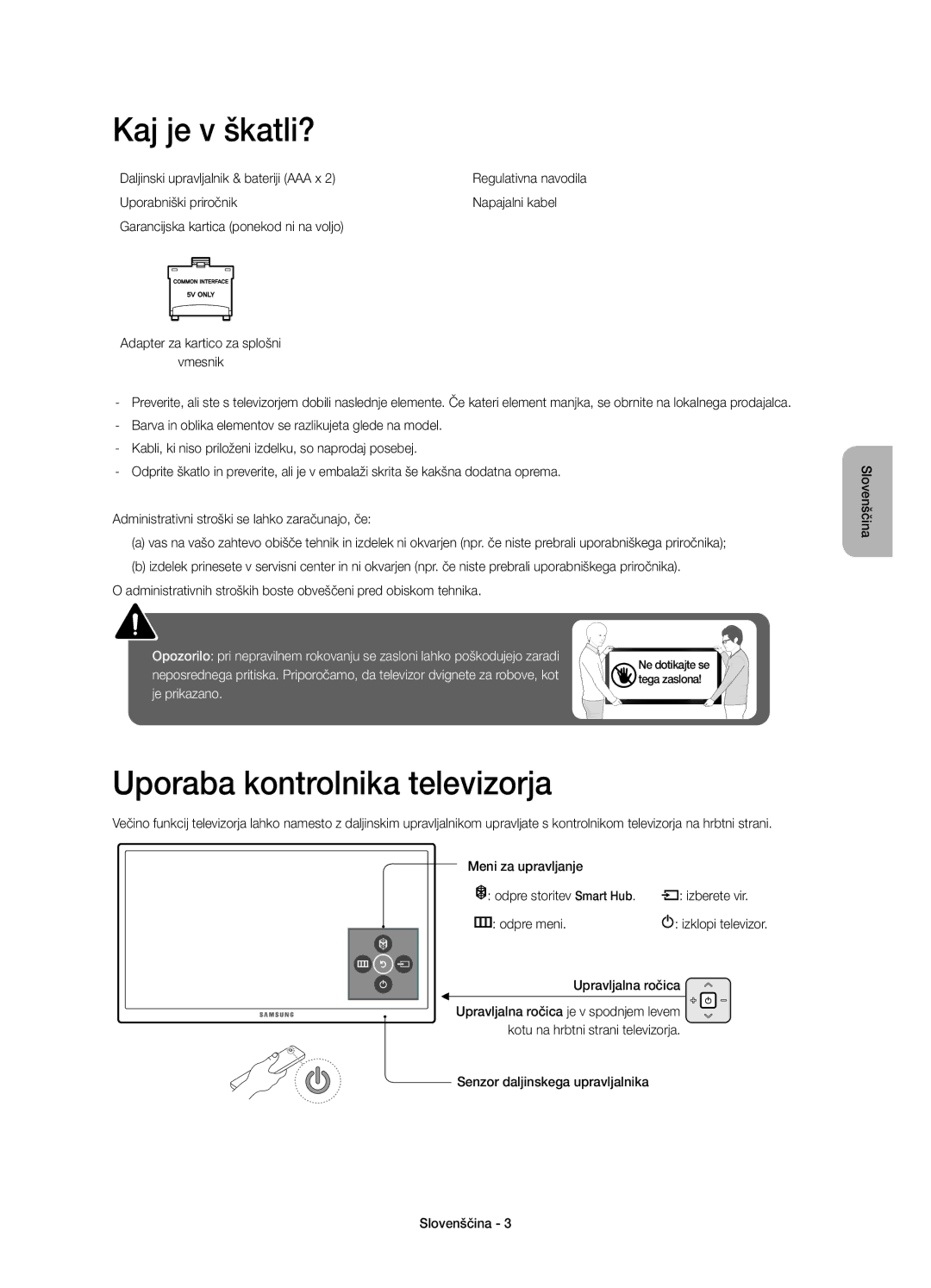 Samsung UE48JU6000WXXN manual Kaj je v škatli?, Uporaba kontrolnika televizorja, Daljinski upravljalnik & bateriji AAA x 