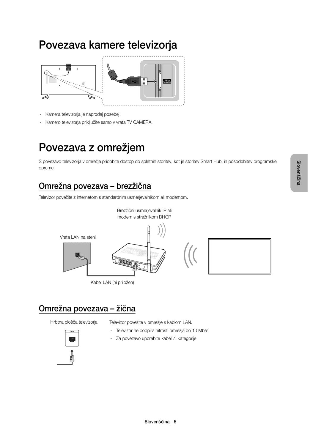 Samsung UE55JU6072UXXH, UE40JU6000WXXH manual Povezava kamere televizorja, Povezava z omrežjem, Omrežna povezava brezžična 