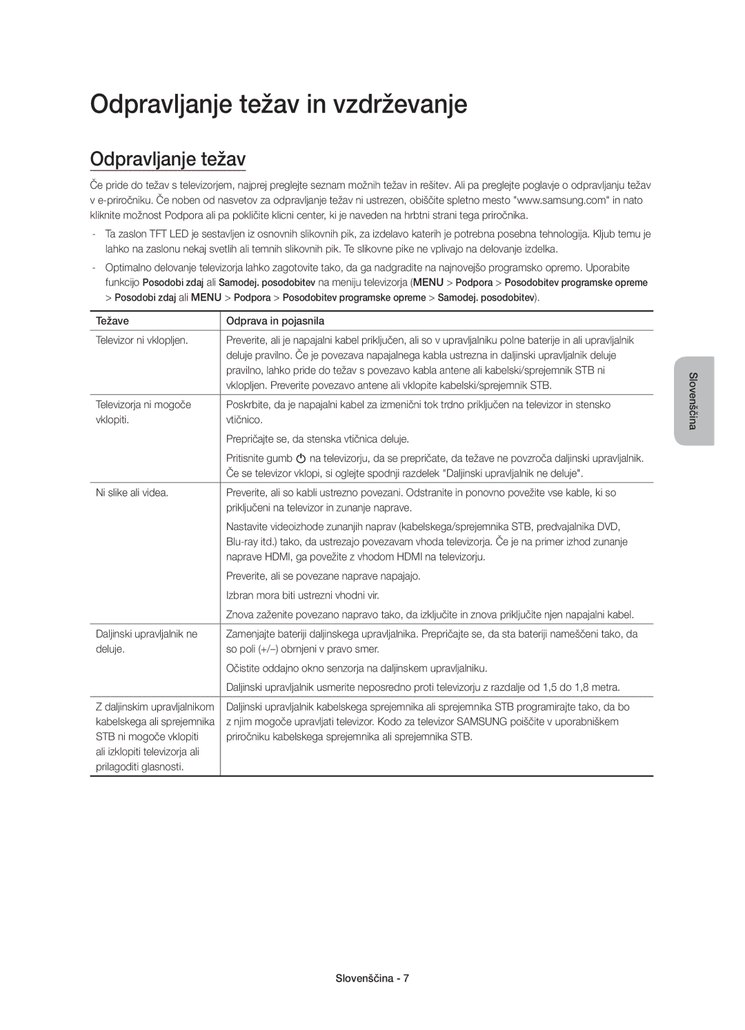 Samsung UE60JU6000WXXH, UE40JU6000WXXH, UE55JU6000WXXH, UE48JU6000WXXH, UE65JU6000WXXH manual Odpravljanje težav in vzdrževanje 