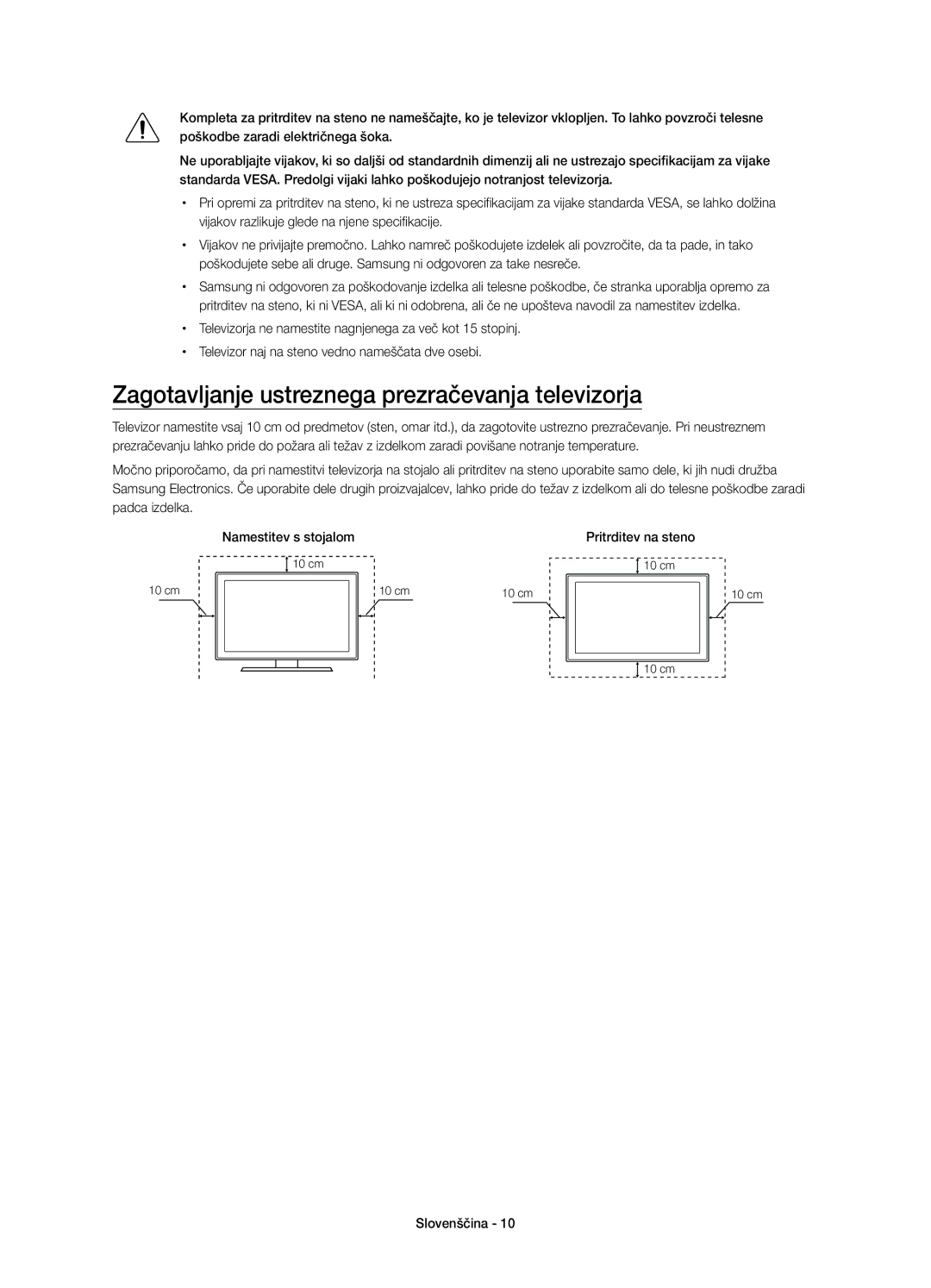 Samsung UE65JU6000WXXN, UE40JU6000WXXH manual Zagotavljanje ustreznega prezračevanja televizorja, Pritrditev na steno 