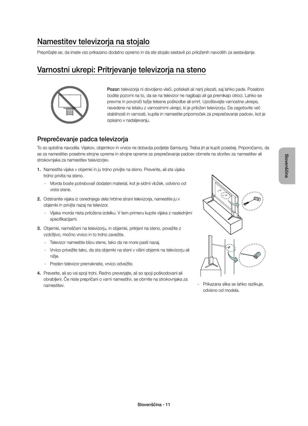 Samsung UE40JU6000WXXN manual Namestitev televizorja na stojalo, Varnostni ukrepi Pritrjevanje televizorja na steno 