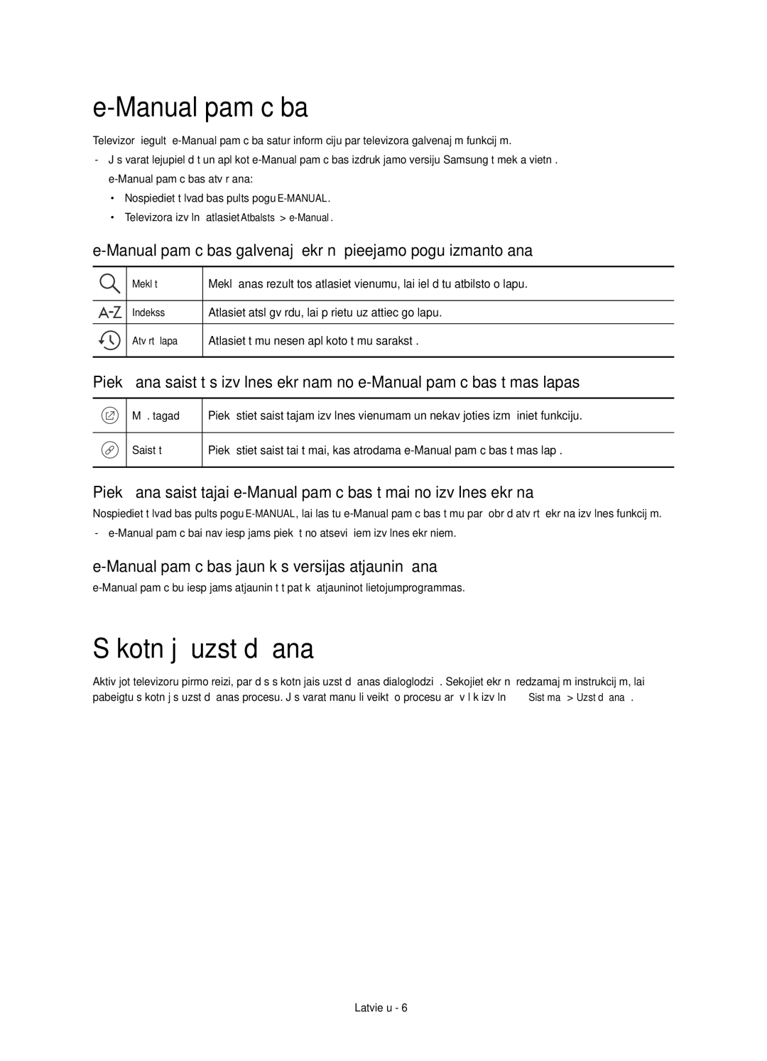 Samsung UE55JU6072UXXH manual Sākotnējā uzstādīšana, Manual pamācības galvenajā ekrānā pieejamo pogu izmantošana 