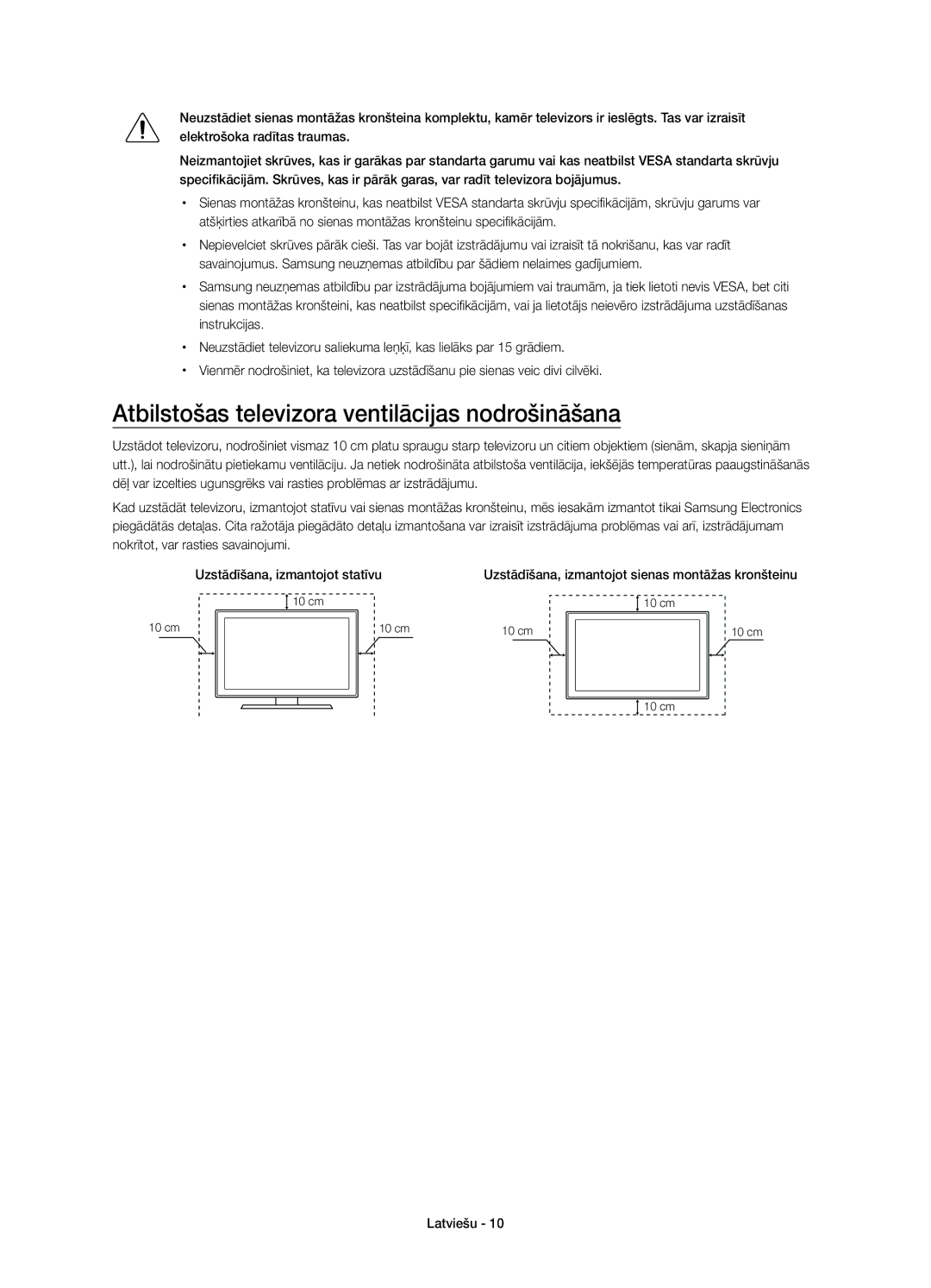 Samsung UE48JU6072UXXH, UE40JU6000WXXH, UE55JU6000WXXH, UE48JU6000WXXH Atbilstošas televizora ventilācijas nodrošināšana 