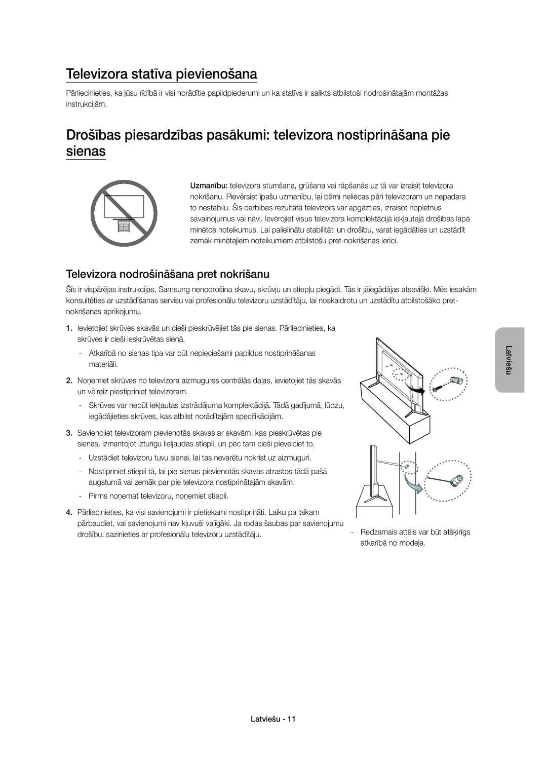 Samsung UE65JU6000WXXN manual Televizora statīva pievienošana, Televizora nodrošināšana pret nokrišanu, Atkarībā no modeļa 