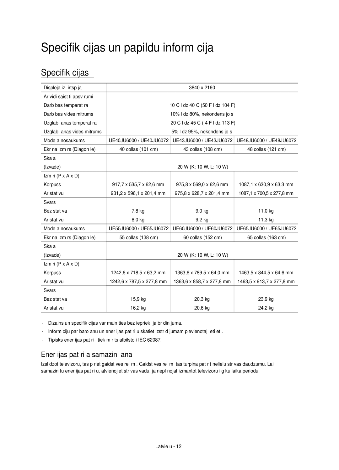 Samsung UE40JU6000WXXN, UE40JU6000WXXH manual Specifikācijas un papildu informācija, Enerģijas patēriņa samazināšana 