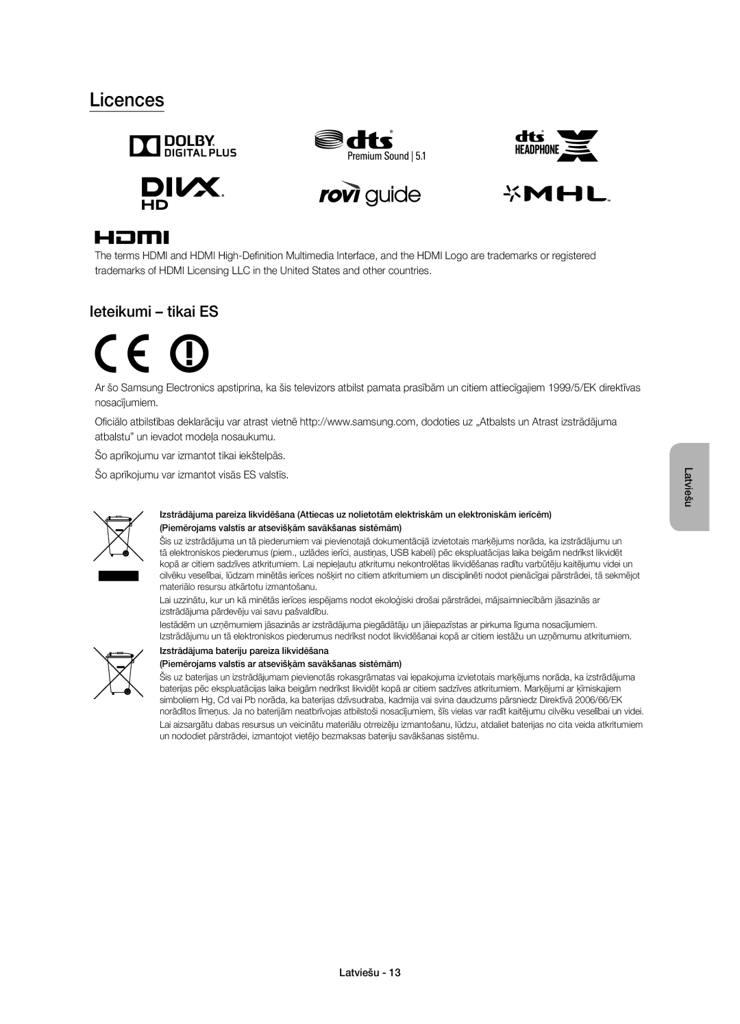 Samsung UE40JU6000WXXH, UE55JU6000WXXH, UE48JU6000WXXH, UE65JU6000WXXH, UE48JU6000WXXN manual Licences, Ieteikumi tikai ES 