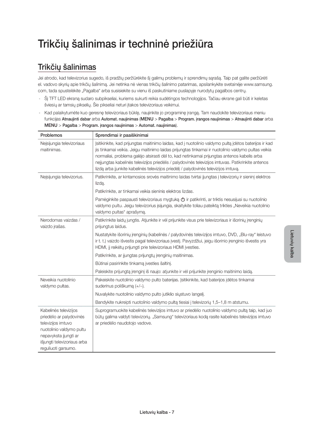 Samsung UE55JU6072UXXH, UE40JU6000WXXH, UE55JU6000WXXH, UE48JU6000WXXH manual Trikčių šalinimas ir techninė priežiūra 