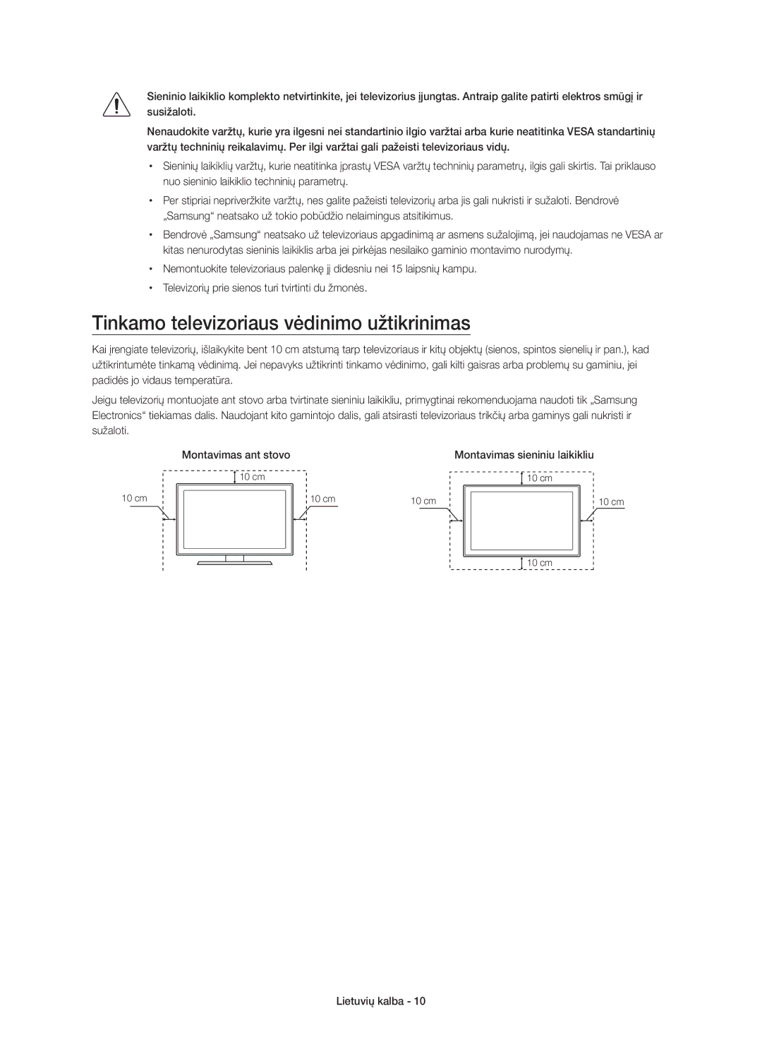 Samsung UE55JU6000WXXN, UE40JU6000WXXH manual Tinkamo televizoriaus vėdinimo užtikrinimas, Montavimas sieniniu laikikliu 