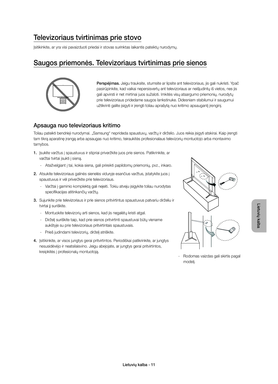 Samsung UE48JU6072UXXH manual Televizoriaus tvirtinimas prie stovo, Saugos priemonės. Televizoriaus tvirtinimas prie sienos 