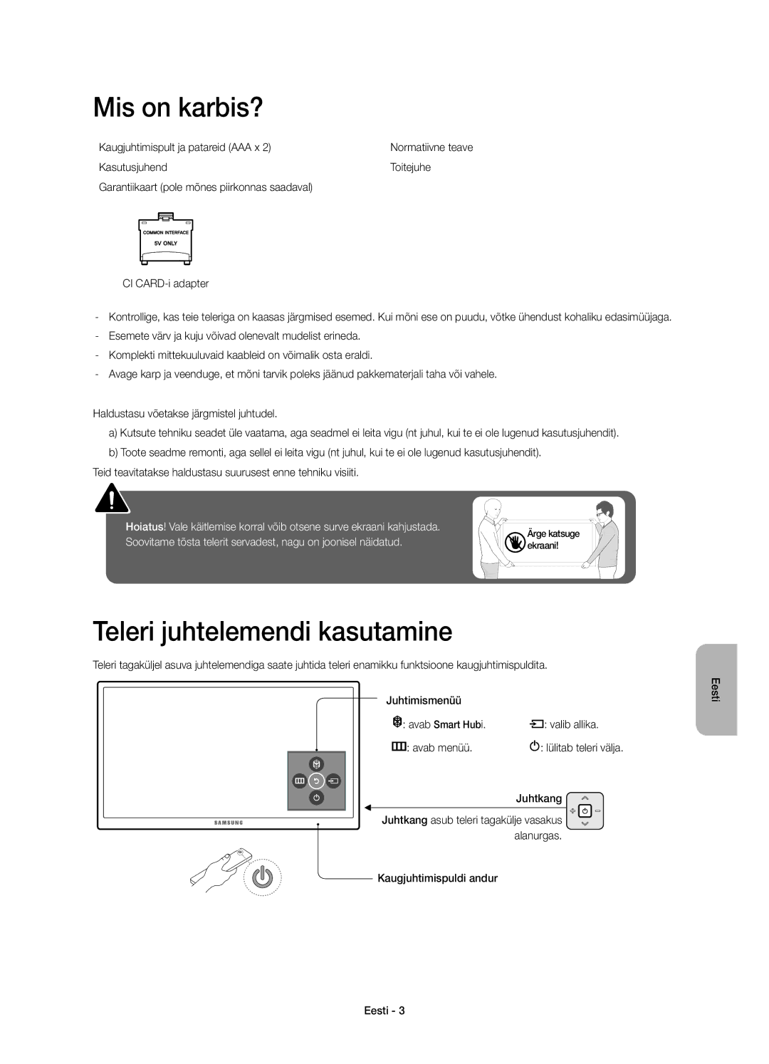 Samsung UE55JU6000WXXH manual Mis on karbis?, Teleri juhtelemendi kasutamine, Kaugjuhtimispult ja patareid AAA x, Juhtkang 