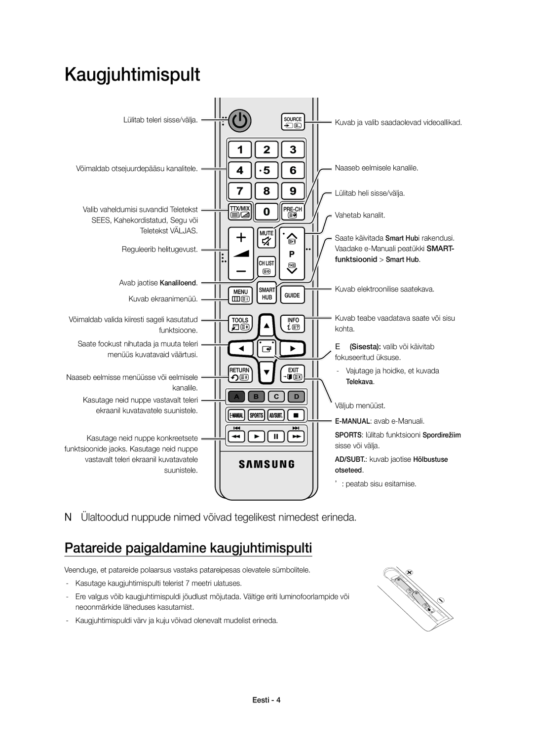 Samsung UE48JU6000WXXH, UE40JU6000WXXH, UE55JU6000WXXH manual Kaugjuhtimispult, Patareide paigaldamine kaugjuhtimispulti 